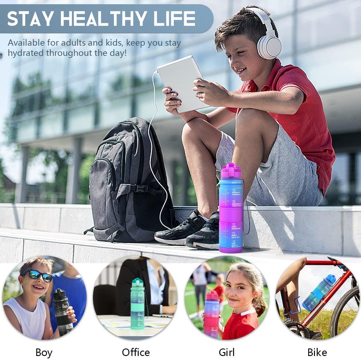 image:imageGourde Enfant sans BPA Tritan Plastique 500ML1L Gourde Sport Bouteille deau avec Marqueur de Temps et Filtre Fruits Gourde Reutilisable Pour Lcole Randonne Camping RunningBleuviolet