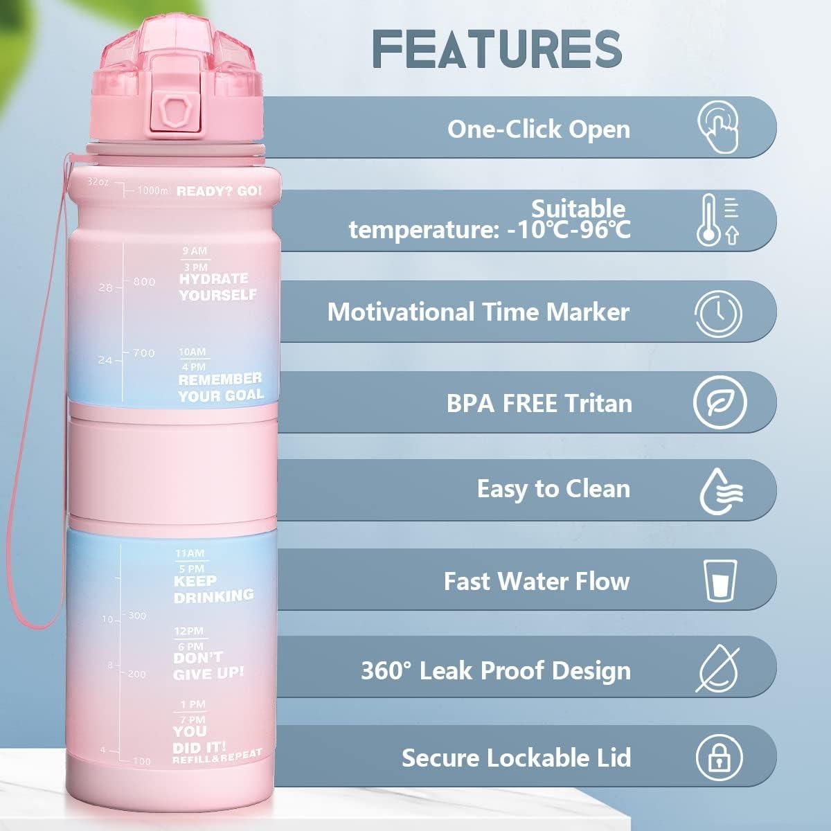 image:imageGourde Enfant sans BPA Tritan Plastique 500ML1L Gourde Sport Bouteille deau avec Marqueur de Temps et Filtre Fruits Gourde Reutilisable Pour Lcole Randonne Camping RunningRose Clairvert