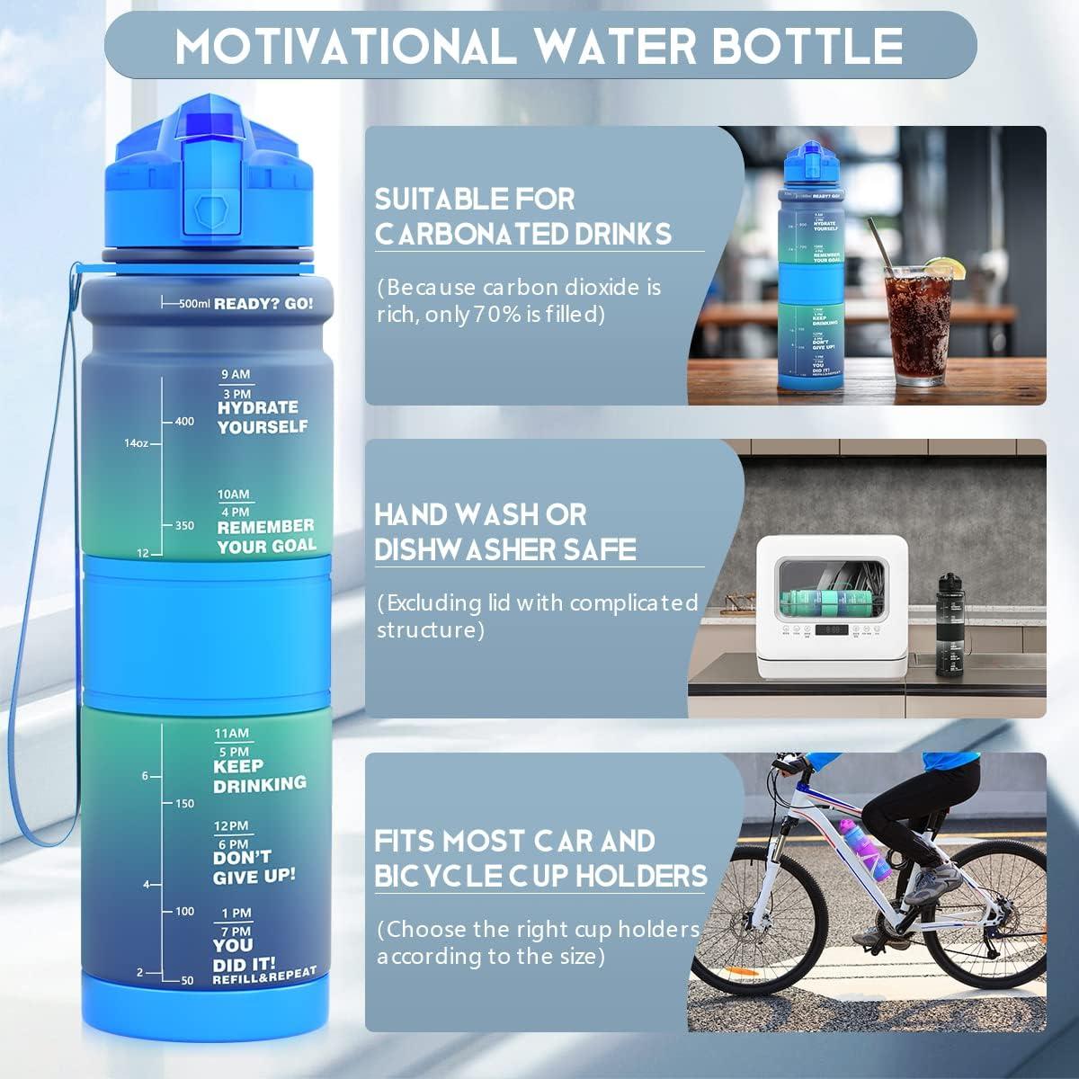 image:imageGourde Enfant sans BPA Tritan Plastique 500ML1L Gourde Sport Bouteille deau avec Marqueur de Temps et Filtre Fruits Gourde Reutilisable Pour Lcole Randonne Camping RunningBleuvert