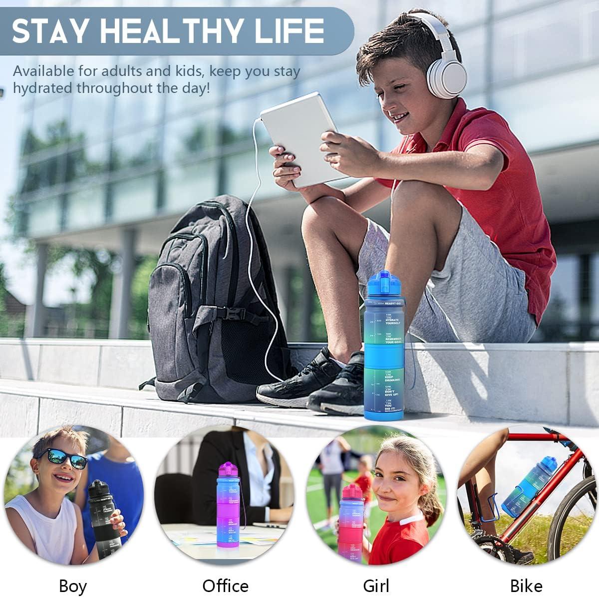 image:imageGourde Enfant sans BPA Tritan Plastique 500ML1L Gourde Sport Bouteille deau avec Marqueur de Temps et Filtre Fruits Gourde Reutilisable Pour Lcole Randonne Camping RunningBleuvert