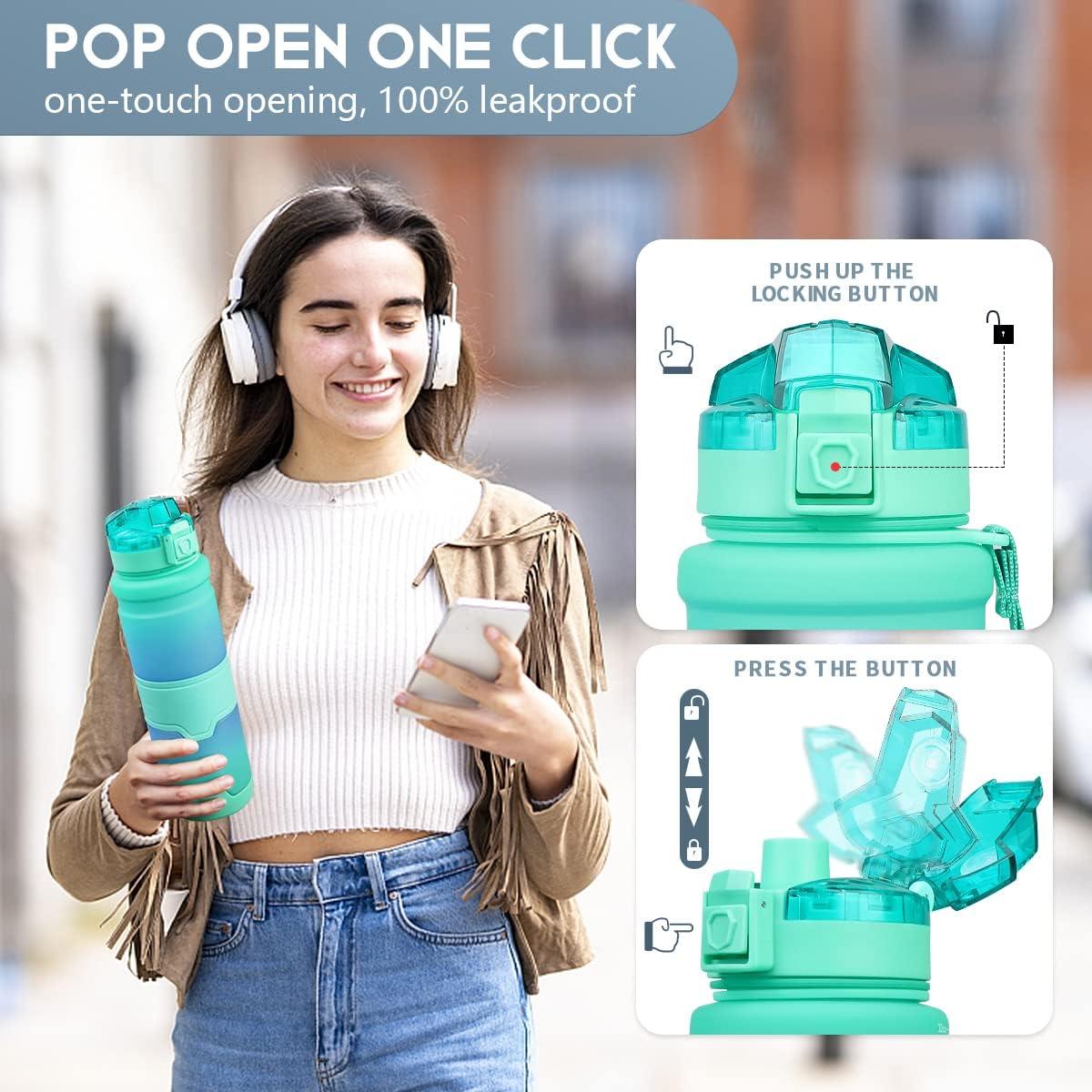 image:imageGourde Enfant sans BPA Tritan Plastique 500ML1L Gourde Sport Bouteille deau avec Marqueur de Temps et Filtre Fruits Gourde Reutilisable Pour Lcole Randonne Camping RunningVertemeraude