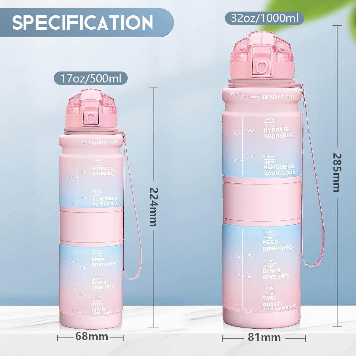 image:imageGourde Enfant sans BPA Tritan Plastique 500ML1L Gourde Sport Bouteille deau avec Marqueur de Temps et Filtre Fruits Gourde Reutilisable Pour Lcole Randonne Camping RunningRose Clairvert