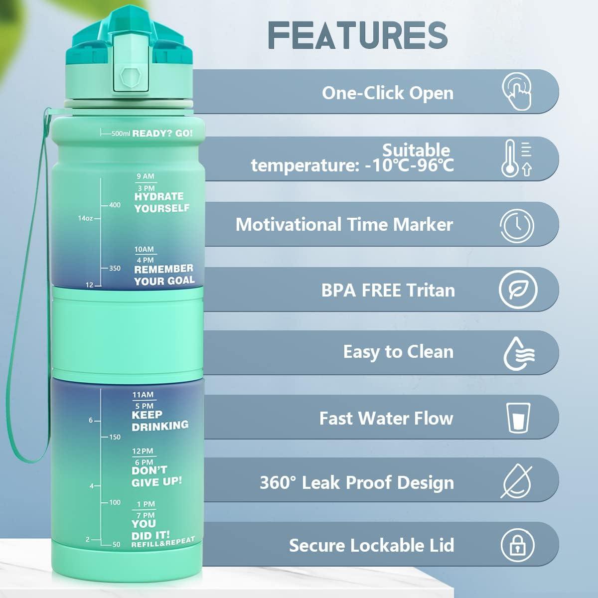 image:imageGourde Enfant sans BPA Tritan Plastique 500ML1L Gourde Sport Bouteille deau avec Marqueur de Temps et Filtre Fruits Gourde Reutilisable Pour Lcole Randonne Camping RunningVertemeraude