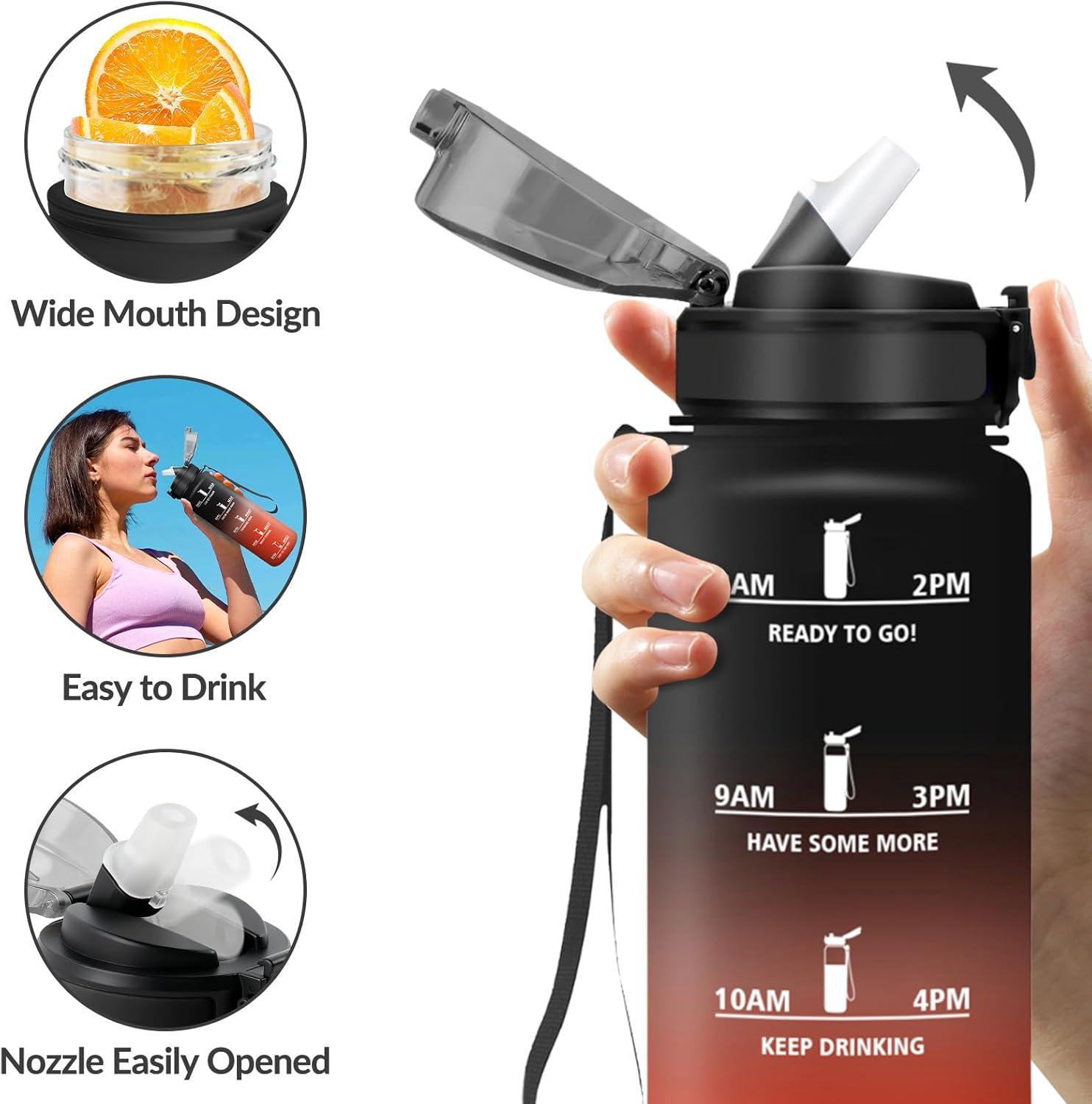 image:imageGourde Paille tanches Bouteille 500ml Portable Bouteille deau Sans BPA chelle de Temps Gourde Gradue pour 1 Journee pour Gym Ecole Cyclisme Plein Air SportNoir Rouge 1000ml