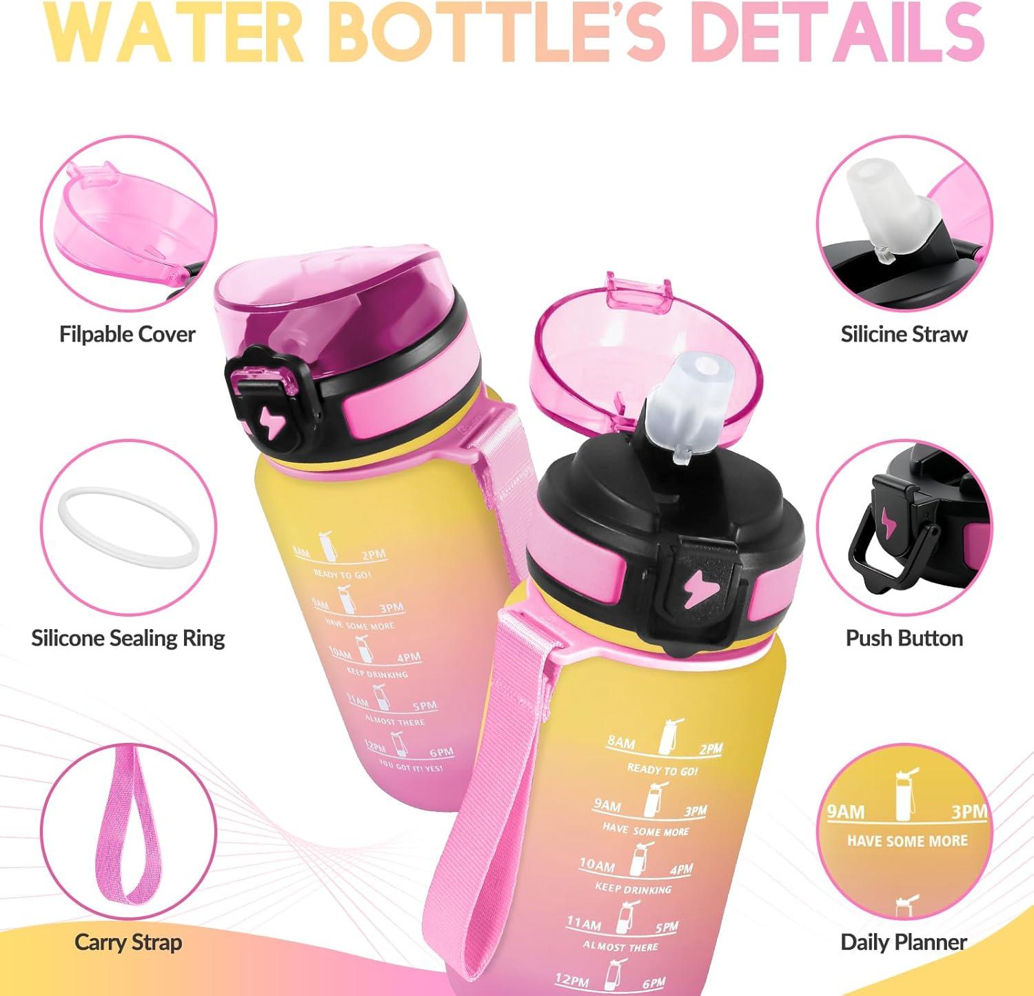 image:imageGourde Paille tanches Bouteille 500ml Portable Bouteille deau Sans BPA chelle de Temps Gourde Gradue pour 1 Journee pour Gym Ecole Cyclisme Plein Air SportJaune Rose 500ml