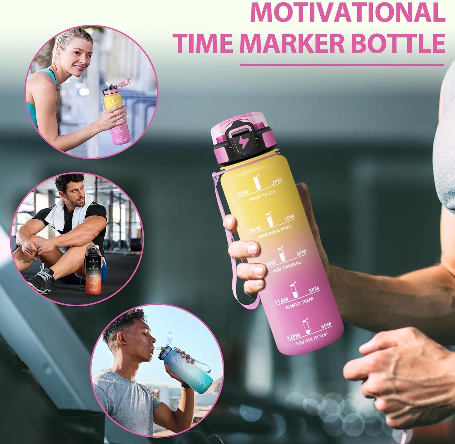 image:imageGourde Paille tanches Bouteille 500ml Portable Bouteille deau Sans BPA chelle de Temps Gourde Gradue pour 1 Journee pour Gym Ecole Cyclisme Plein Air SportJaune Rose 1000ml