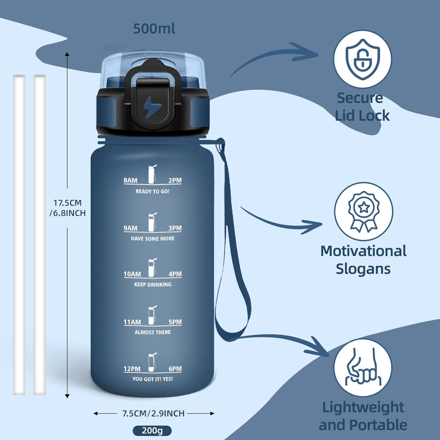 image:imageGourde Paille tanches Bouteille 500ml Portable Bouteille deau Sans BPA chelle de Temps Gourde Gradue pour 1 Journee pour Gym Ecole Cyclisme Plein Air SportBleu Marine 500ml