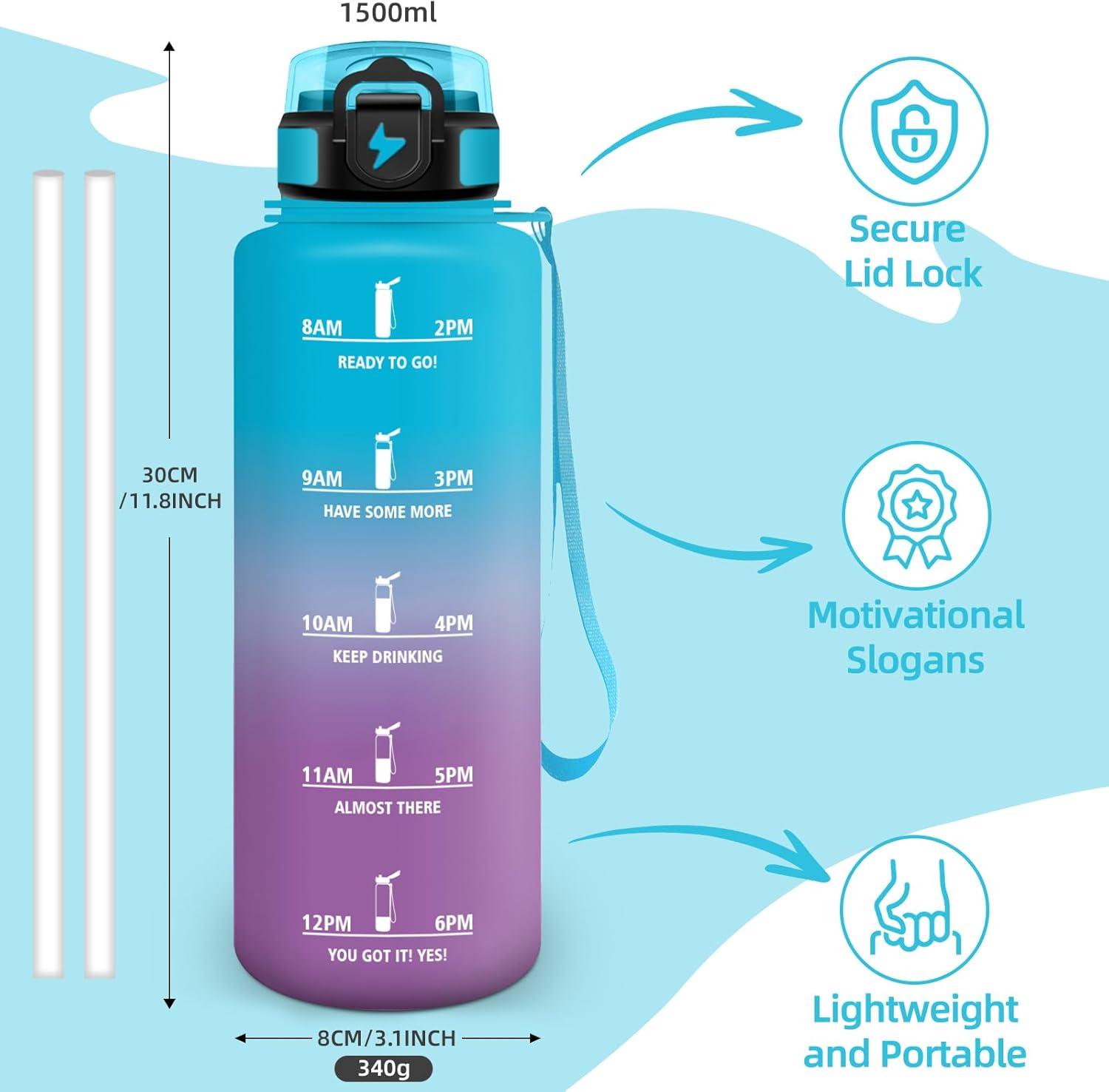 image:imageGourde Paille tanches Bouteille 500ml Portable Bouteille deau Sans BPA chelle de Temps Gourde Gradue pour 1 Journee pour Gym Ecole Cyclisme Plein Air SportBleu Violet 1500ml