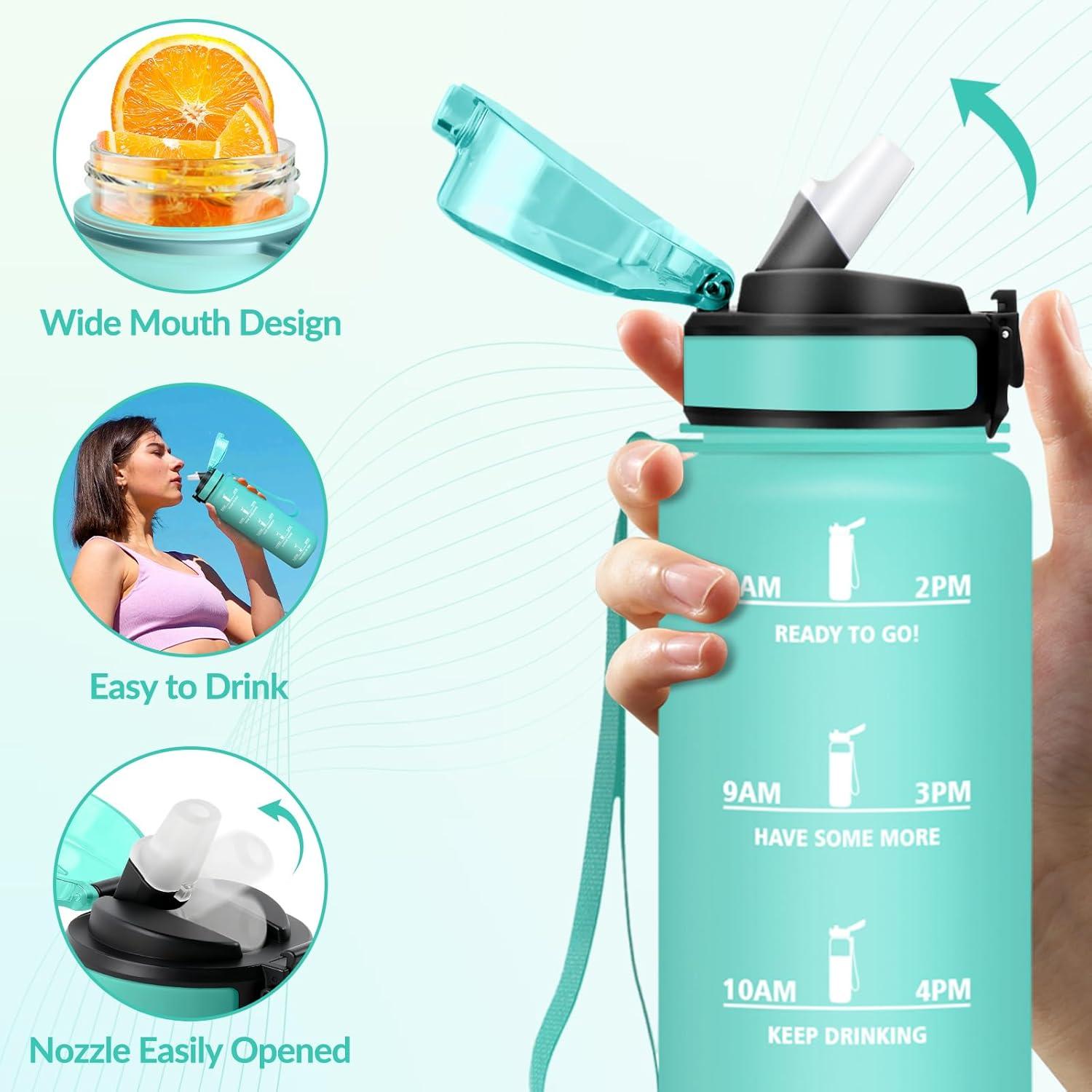 image:imageGourde Paille tanches Bouteille 500ml Portable Bouteille deau Sans BPA chelle de Temps Gourde Gradue pour 1 Journee pour Gym Ecole Cyclisme Plein Air SportBleu Vert 1000ml