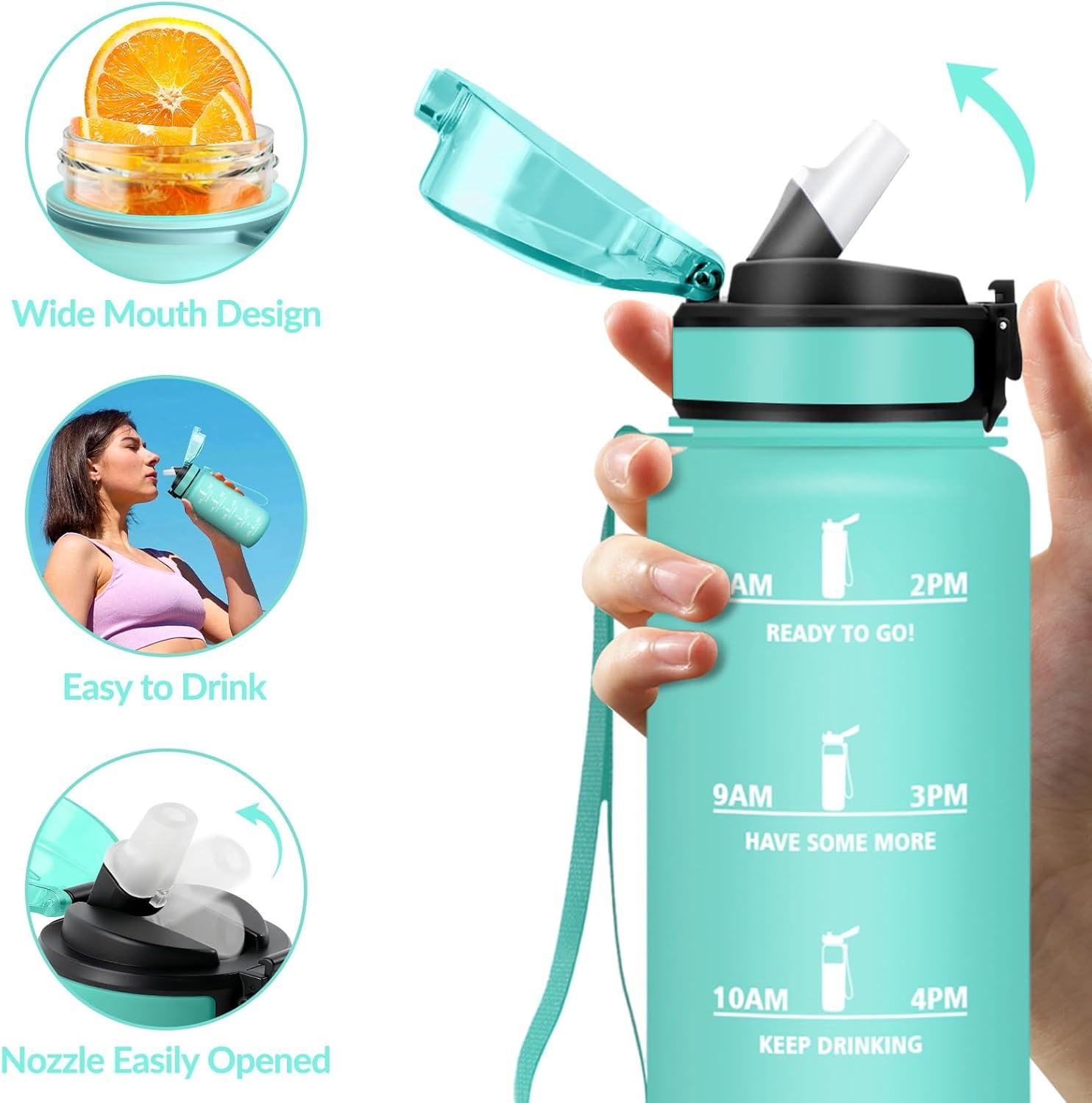 image:imageGourde Paille tanches Bouteille 500ml Portable Bouteille deau Sans BPA chelle de Temps Gourde Gradue pour 1 Journee pour Gym Ecole Cyclisme Plein Air SportBleu Vert 500ml