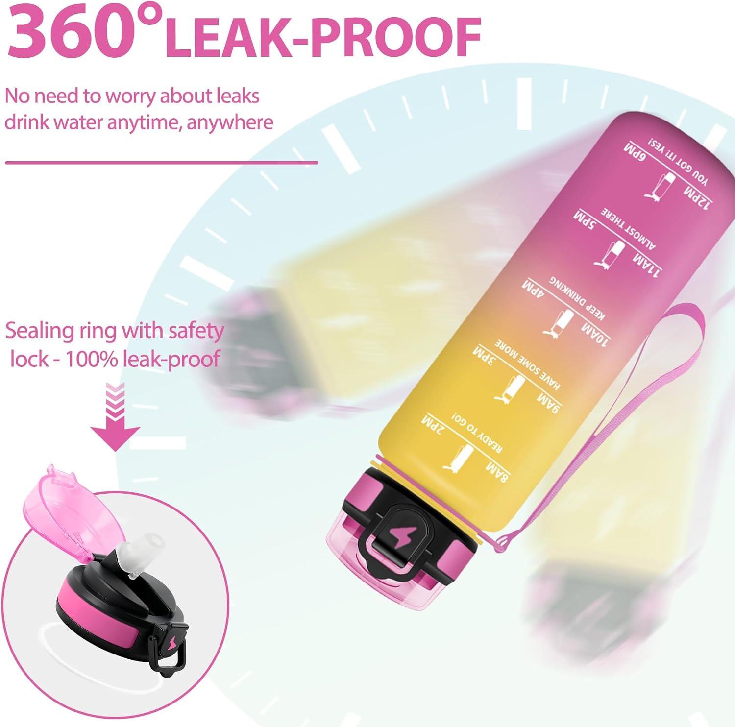 image:imageGourde Paille tanches Bouteille 500ml Portable Bouteille deau Sans BPA chelle de Temps Gourde Gradue pour 1 Journee pour Gym Ecole Cyclisme Plein Air SportJaune Rose 1000ml