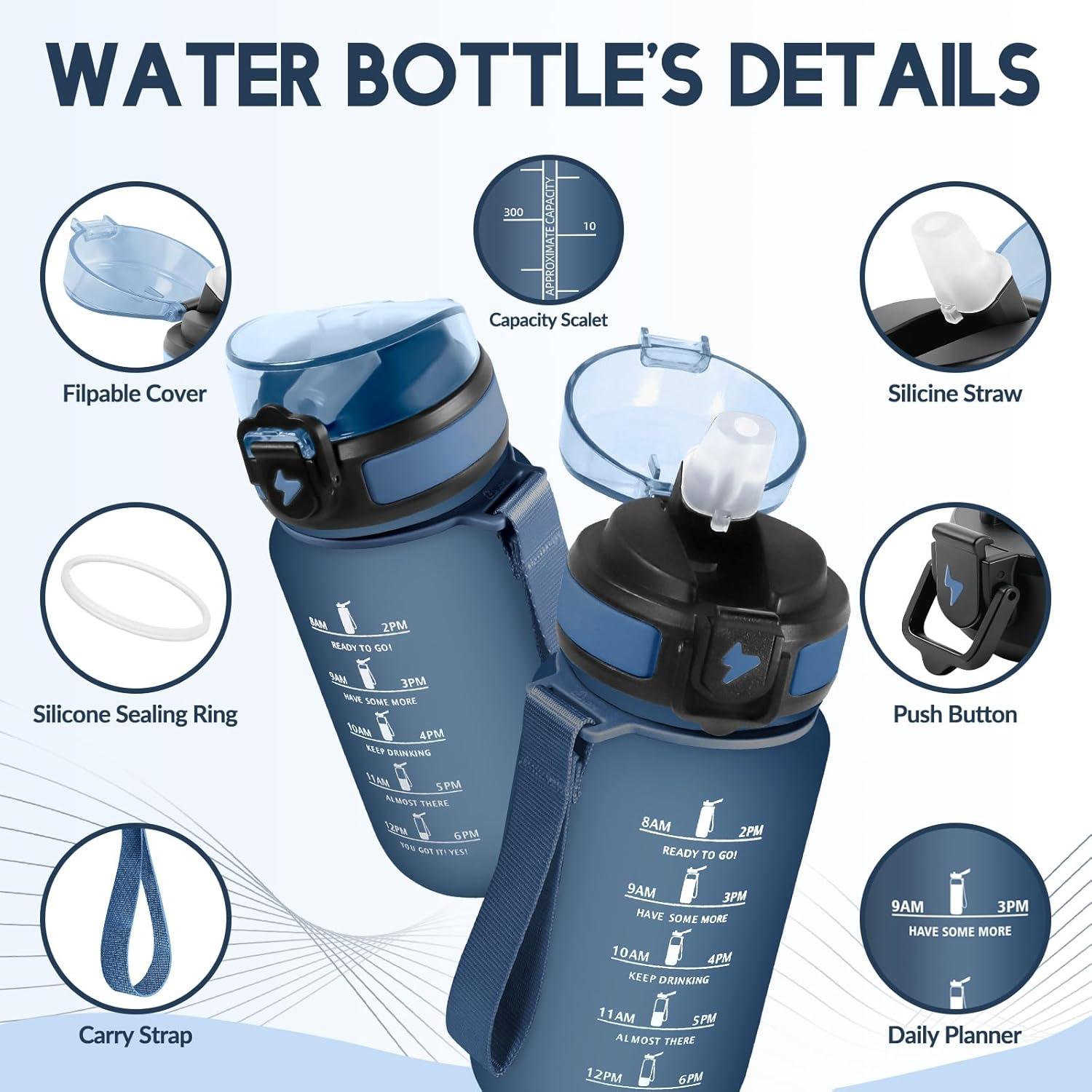 image:imageGourde Paille tanches Bouteille 500ml Portable Bouteille deau Sans BPA chelle de Temps Gourde Gradue pour 1 Journee pour Gym Ecole Cyclisme Plein Air SportBleu Marine 500ml