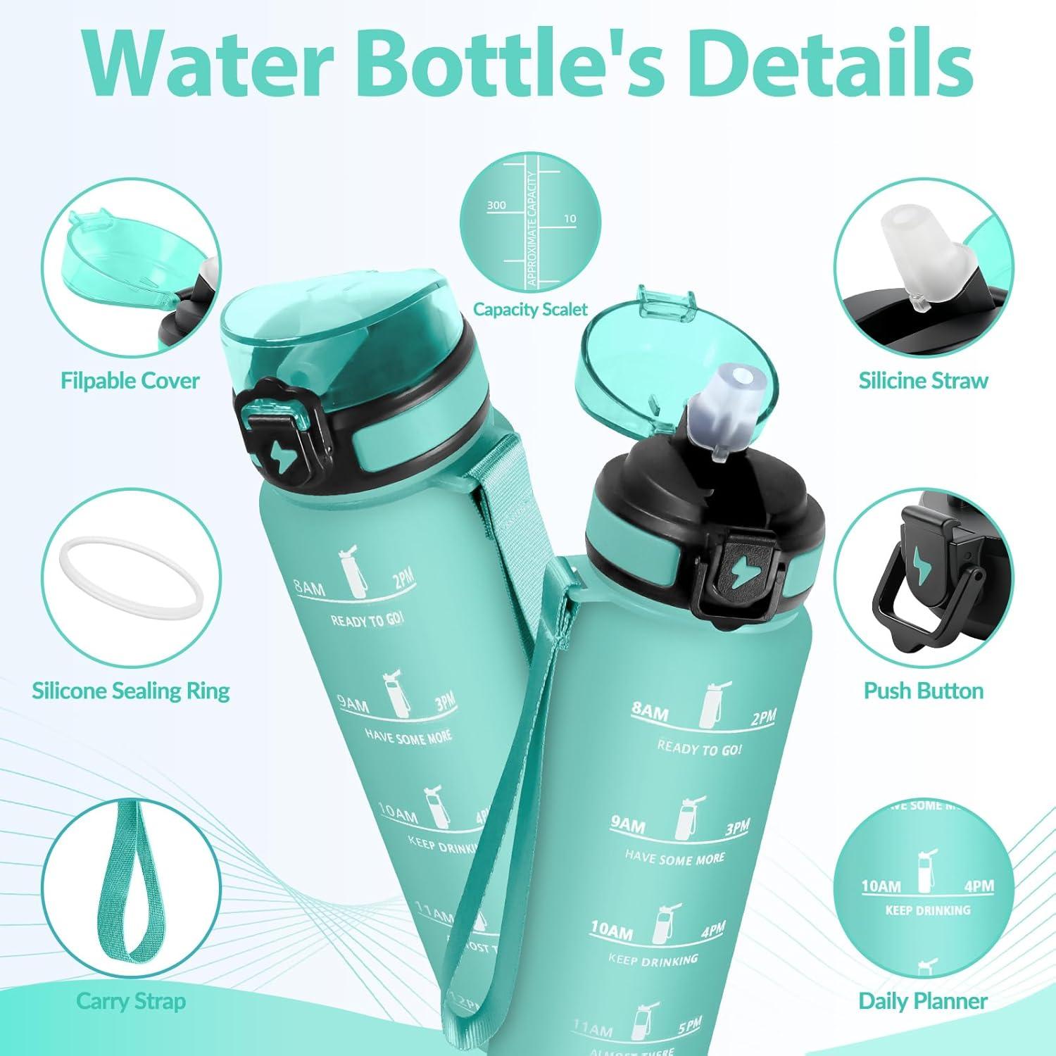 image:imageGourde Paille tanches Bouteille 500ml Portable Bouteille deau Sans BPA chelle de Temps Gourde Gradue pour 1 Journee pour Gym Ecole Cyclisme Plein Air SportBleu Vert 1000ml