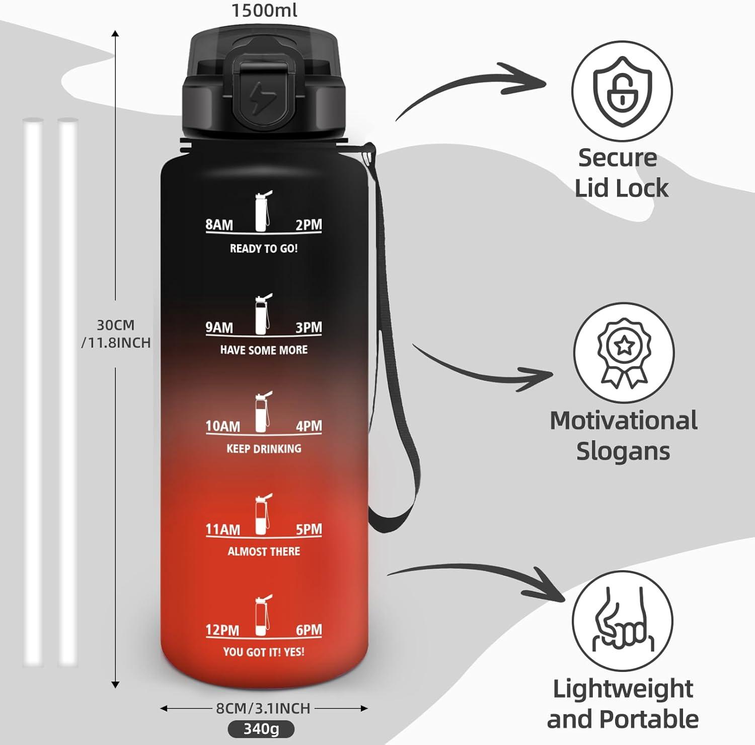 image:imageGourde Paille tanches Bouteille 500ml Portable Bouteille deau Sans BPA chelle de Temps Gourde Gradue pour 1 Journee pour Gym Ecole Cyclisme Plein Air SportNoir Rouge 1500ml