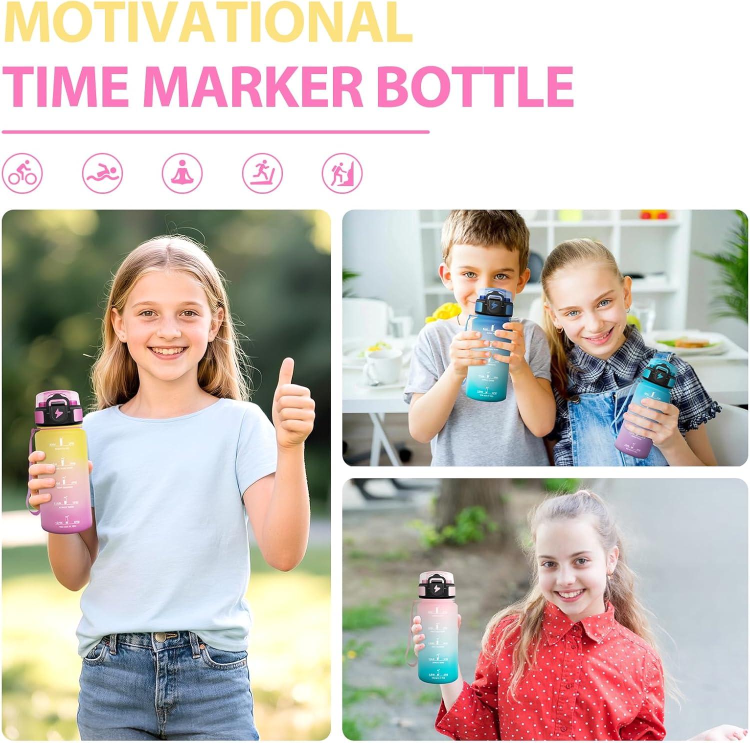 image:imageGourde Paille tanches Bouteille 500ml Portable Bouteille deau Sans BPA chelle de Temps Gourde Gradue pour 1 Journee pour Gym Ecole Cyclisme Plein Air SportJaune Rose 500ml