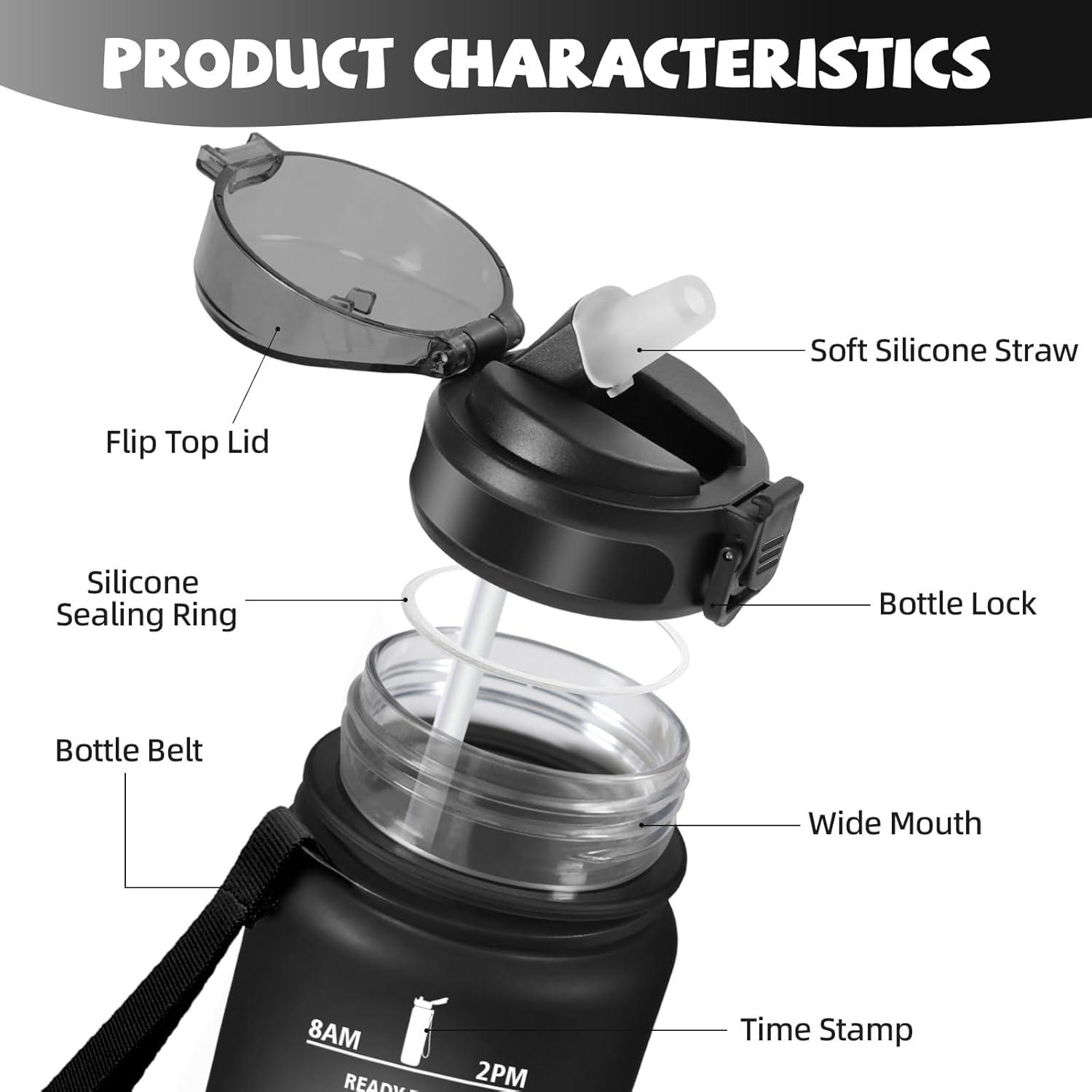image:imageGourde Paille tanches Bouteille 500ml Portable Bouteille deau Sans BPA chelle de Temps Gourde Gradue pour 1 Journee pour Gym Ecole Cyclisme Plein Air SportBlack With Logo 500ml