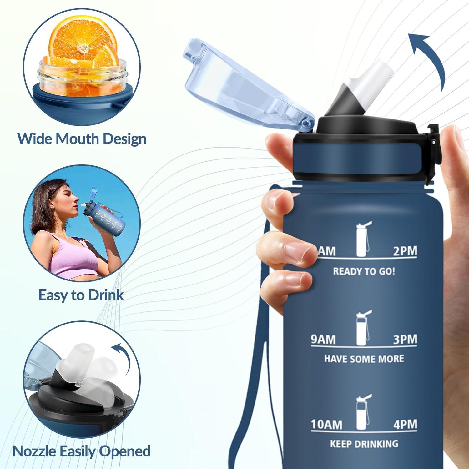 image:imageGourde Paille tanches Bouteille 500ml Portable Bouteille deau Sans BPA chelle de Temps Gourde Gradue pour 1 Journee pour Gym Ecole Cyclisme Plein Air SportBleu Marine 500ml