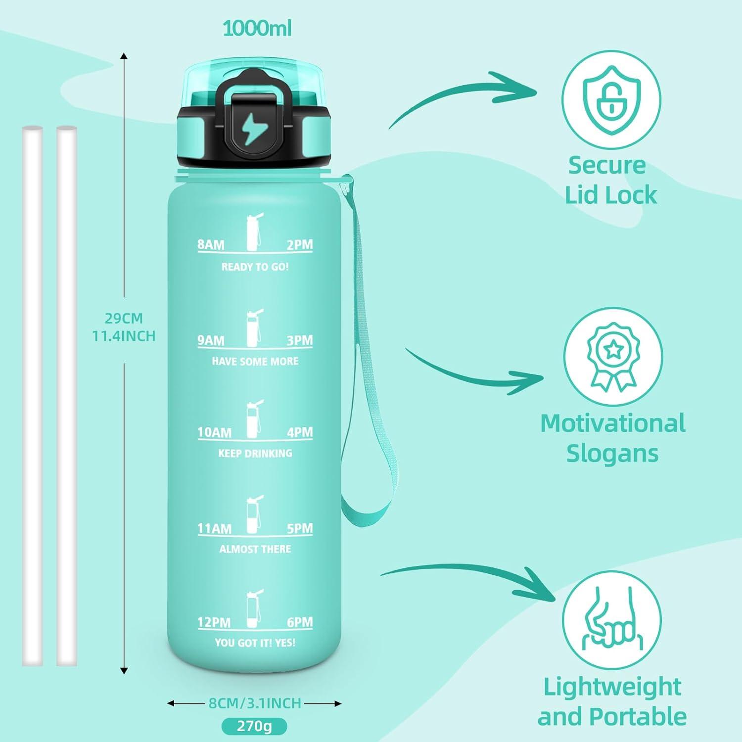 image:imageGourde Paille tanches Bouteille 500ml Portable Bouteille deau Sans BPA chelle de Temps Gourde Gradue pour 1 Journee pour Gym Ecole Cyclisme Plein Air SportBleu Vert 1000ml