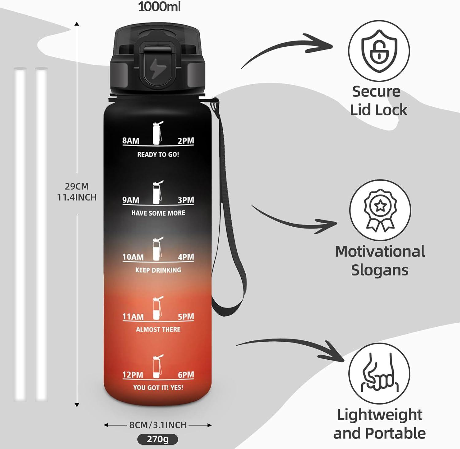 image:imageGourde Paille tanches Bouteille 500ml Portable Bouteille deau Sans BPA chelle de Temps Gourde Gradue pour 1 Journee pour Gym Ecole Cyclisme Plein Air SportNoir Rouge 1000ml