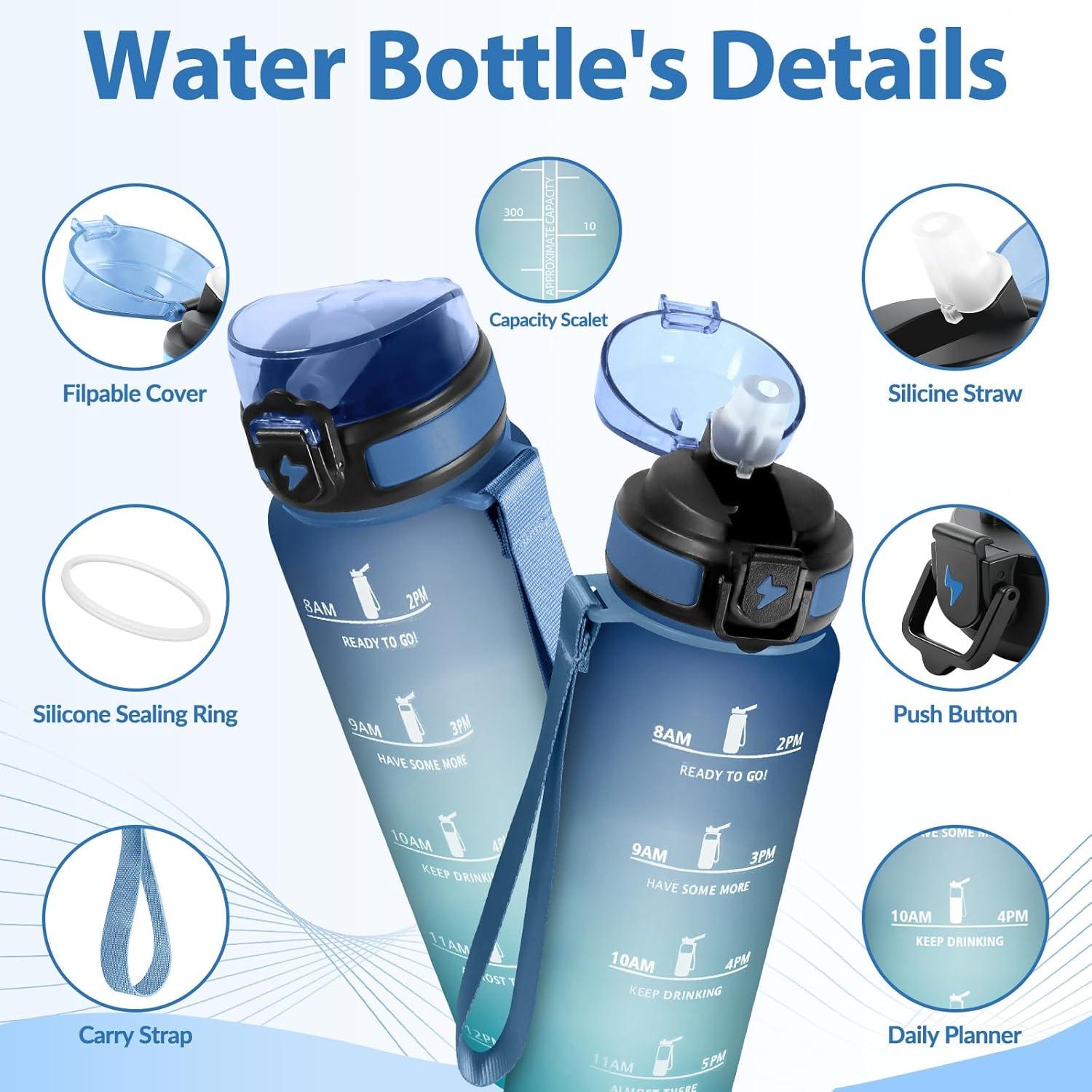 image:imageGourde Paille tanches Bouteille 500ml Portable Bouteille deau Sans BPA chelle de Temps Gourde Gradue pour 1 Journee pour Gym Ecole Cyclisme Plein Air SportBleu Vert 1500ml