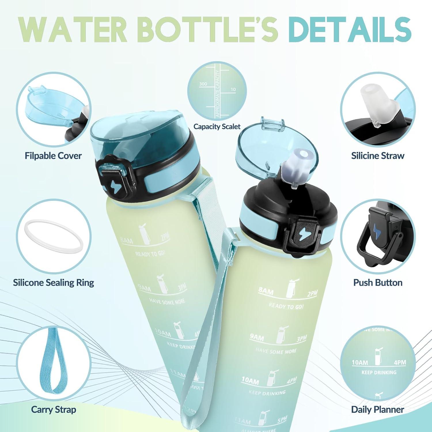 image:imageGourde Paille tanches Bouteille 500ml Portable Bouteille deau Sans BPA chelle de Temps Gourde Gradue pour 1 Journee pour Gym Ecole Cyclisme Plein Air SportGivr Ciel 1000ml