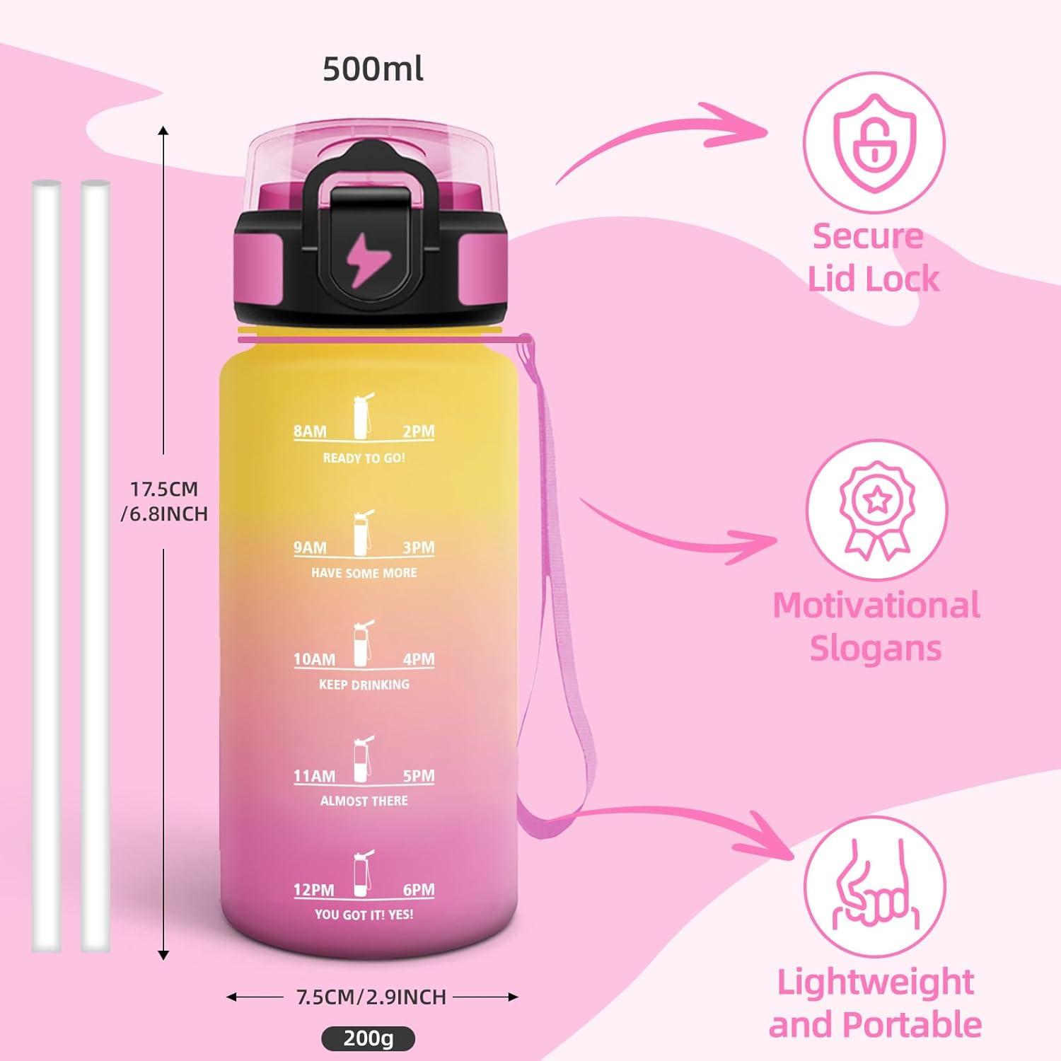image:imageGourde Paille tanches Bouteille 500ml Portable Bouteille deau Sans BPA chelle de Temps Gourde Gradue pour 1 Journee pour Gym Ecole Cyclisme Plein Air SportJaune Rose 500ml
