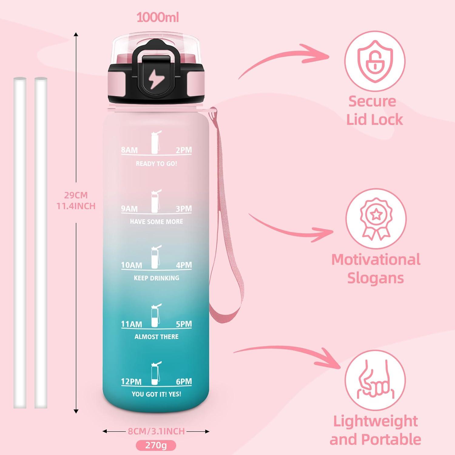 image:imageGourde Paille tanches Bouteille 500ml Portable Bouteille deau Sans BPA chelle de Temps Gourde Gradue pour 1 Journee pour Gym Ecole Cyclisme Plein Air SportRose Cyan 1000ml