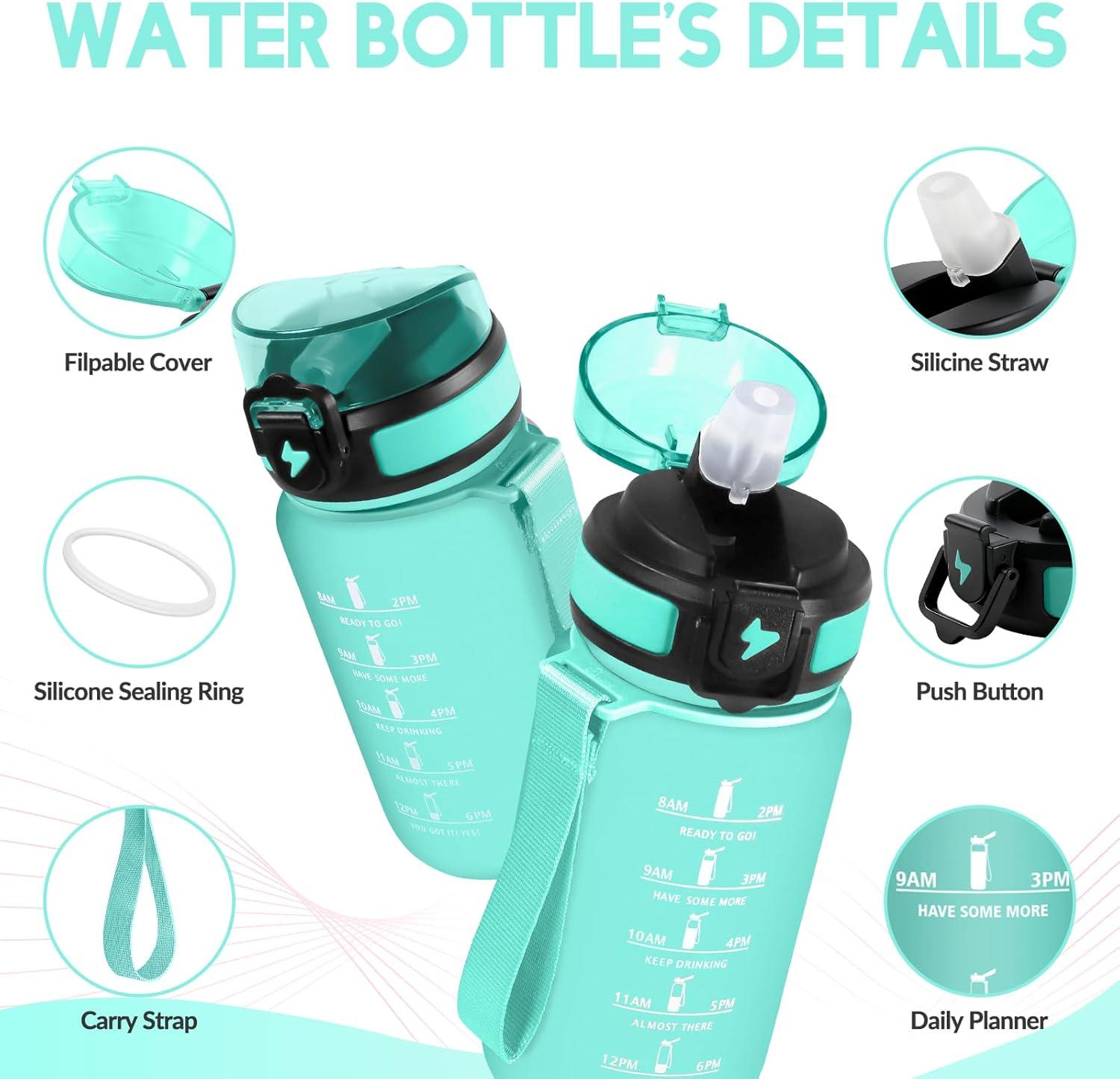 image:imageGourde Paille tanches Bouteille 500ml Portable Bouteille deau Sans BPA chelle de Temps Gourde Gradue pour 1 Journee pour Gym Ecole Cyclisme Plein Air SportBleu Vert 500ml
