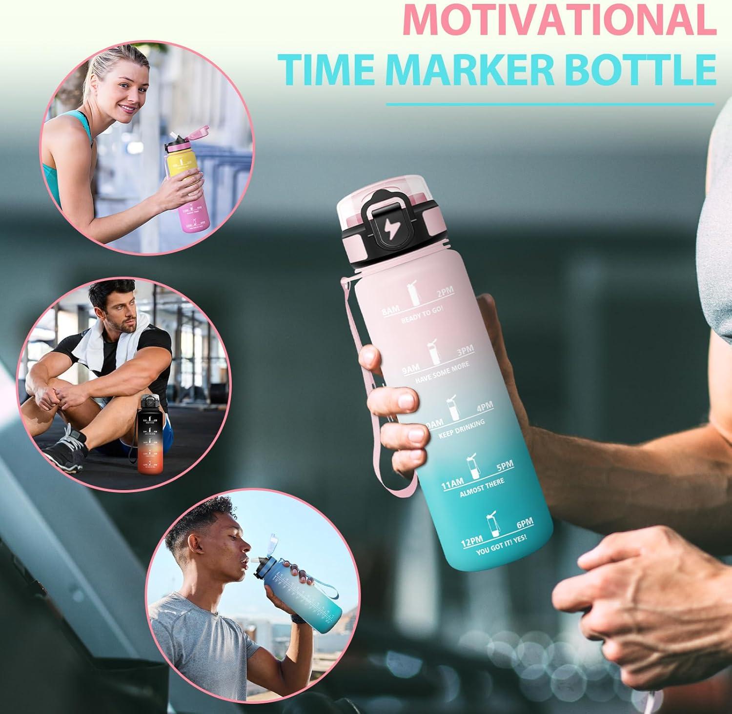 image:imageGourde Paille tanches Bouteille 500ml Portable Bouteille deau Sans BPA chelle de Temps Gourde Gradue pour 1 Journee pour Gym Ecole Cyclisme Plein Air SportRose Cyan 1000ml