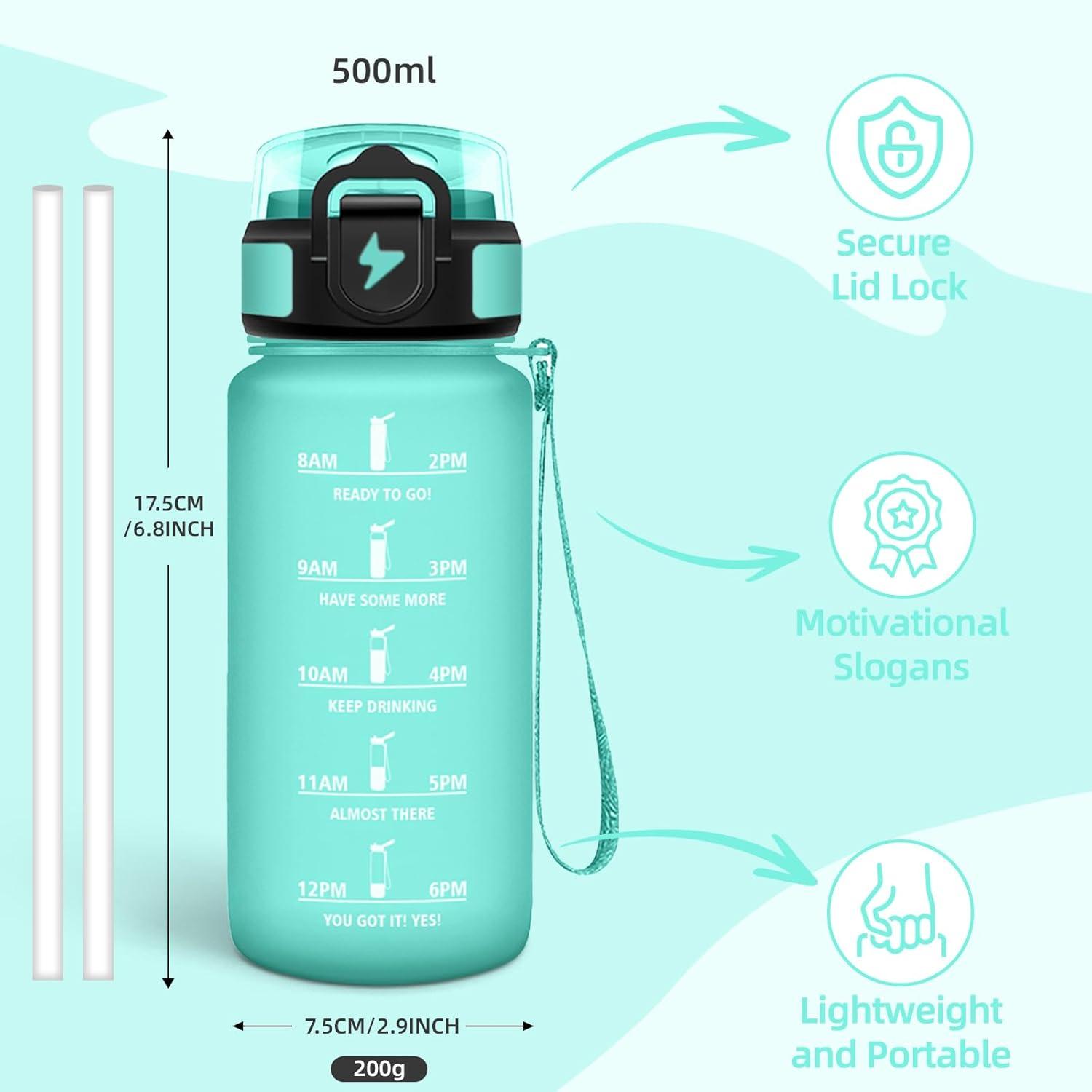 image:imageGourde Paille tanches Bouteille 500ml Portable Bouteille deau Sans BPA chelle de Temps Gourde Gradue pour 1 Journee pour Gym Ecole Cyclisme Plein Air SportBleu Vert 500ml