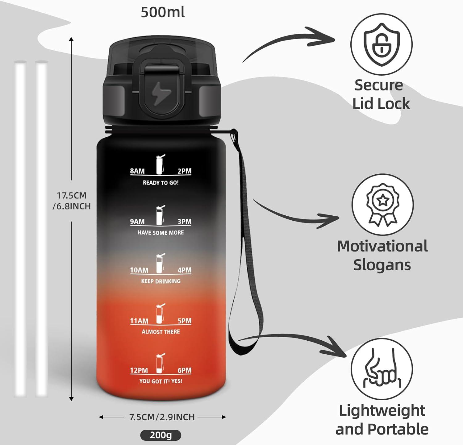 image:imageGourde Paille tanches Bouteille 500ml Portable Bouteille deau Sans BPA chelle de Temps Gourde Gradue pour 1 Journee pour Gym Ecole Cyclisme Plein Air SportNoir Rouge 500ml