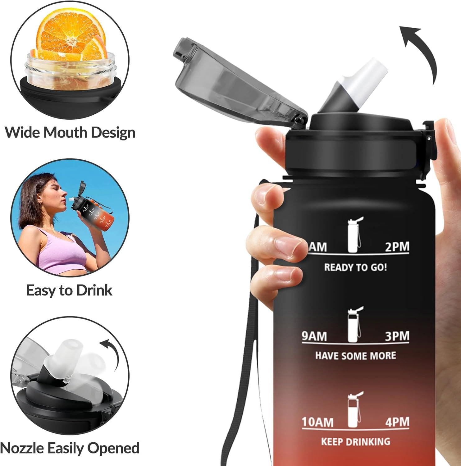 image:imageGourde Paille tanches Bouteille 500ml Portable Bouteille deau Sans BPA chelle de Temps Gourde Gradue pour 1 Journee pour Gym Ecole Cyclisme Plein Air SportNoir Rouge 500ml