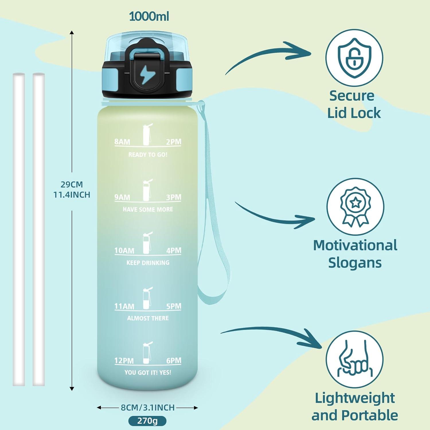 image:imageGourde Paille tanches Bouteille 500ml Portable Bouteille deau Sans BPA chelle de Temps Gourde Gradue pour 1 Journee pour Gym Ecole Cyclisme Plein Air SportGivr Ciel 1000ml