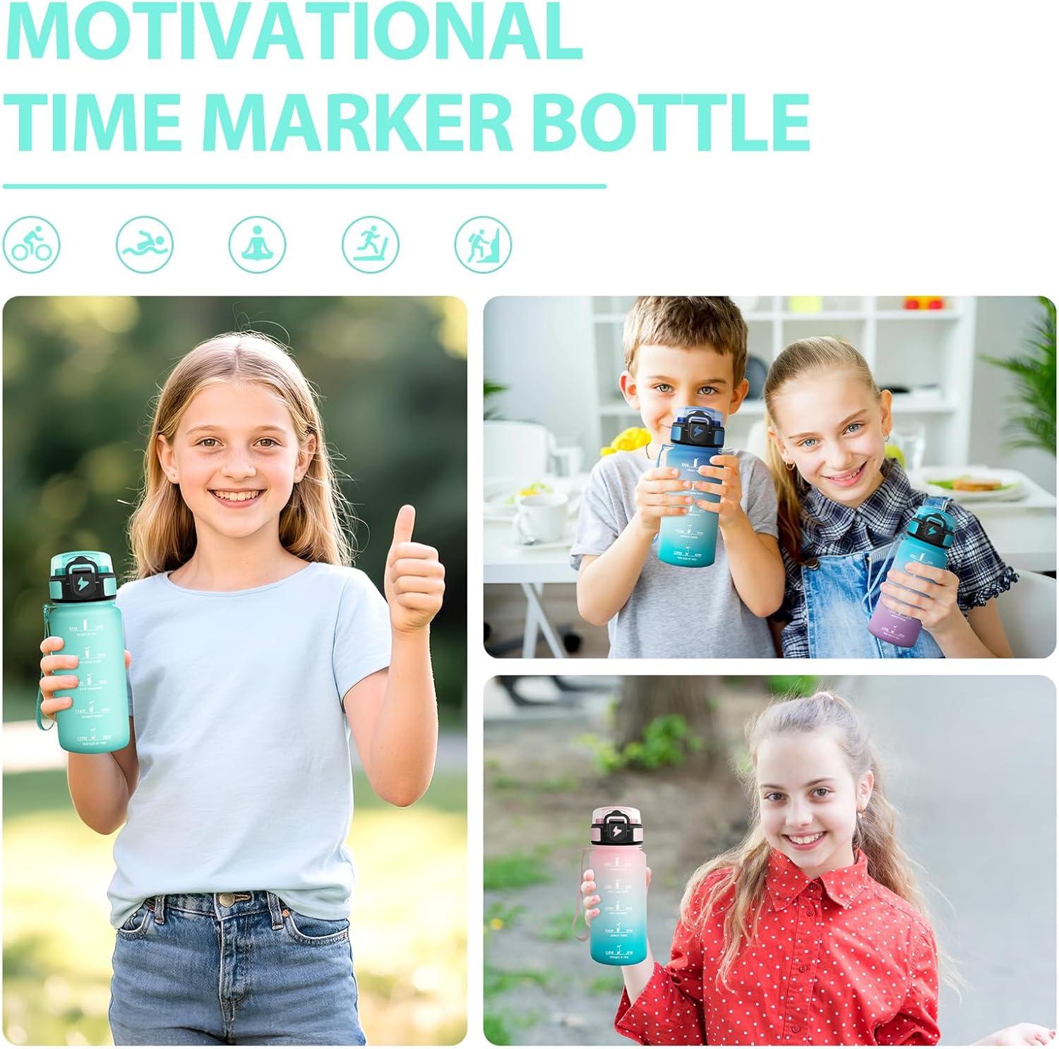 image:imageGourde Paille tanches Bouteille 500ml Portable Bouteille deau Sans BPA chelle de Temps Gourde Gradue pour 1 Journee pour Gym Ecole Cyclisme Plein Air SportBleu Vert 500ml