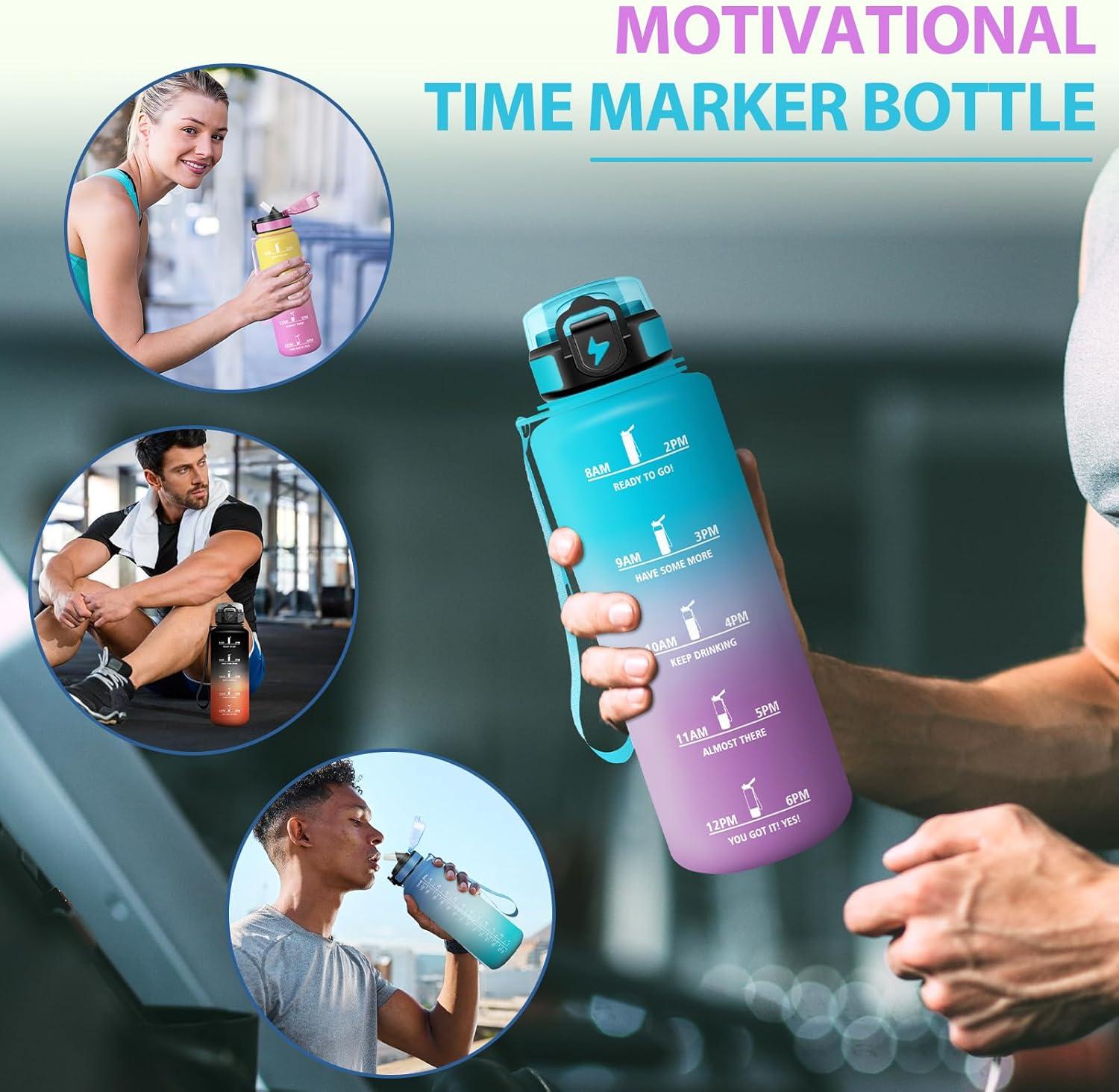 image:imageGourde Paille tanches Bouteille 500ml Portable Bouteille deau Sans BPA chelle de Temps Gourde Gradue pour 1 Journee pour Gym Ecole Cyclisme Plein Air SportBleu Violet 1500ml