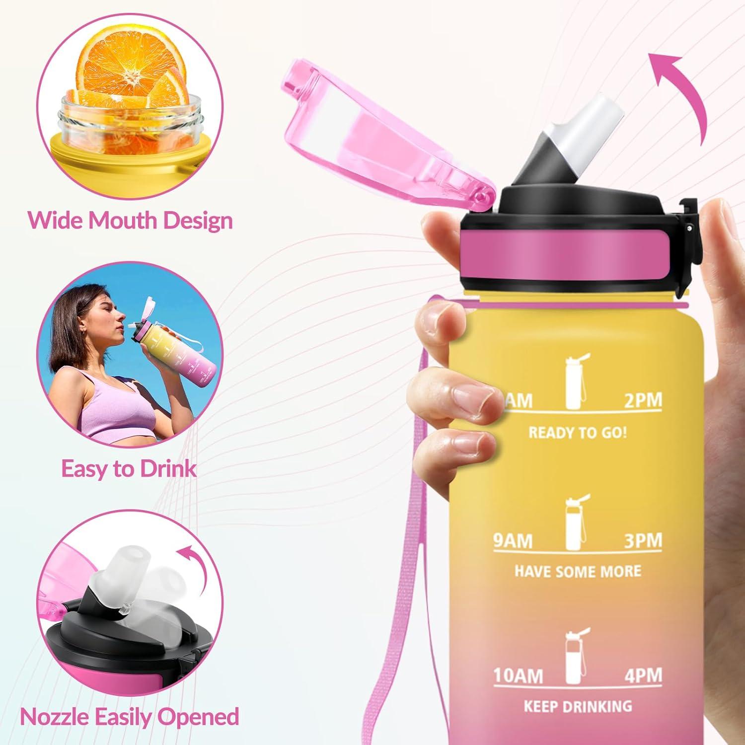 image:imageGourde Paille tanches Bouteille 500ml Portable Bouteille deau Sans BPA chelle de Temps Gourde Gradue pour 1 Journee pour Gym Ecole Cyclisme Plein Air SportJaune Rose 1000ml