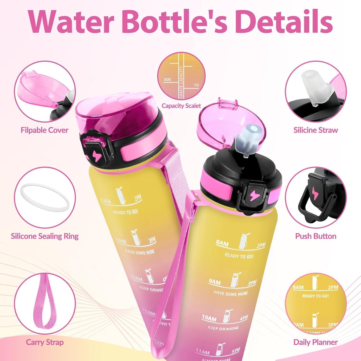 image:imageGourde Paille tanches Bouteille 500ml Portable Bouteille deau Sans BPA chelle de Temps Gourde Gradue pour 1 Journee pour Gym Ecole Cyclisme Plein Air SportJaune Rose 1000ml