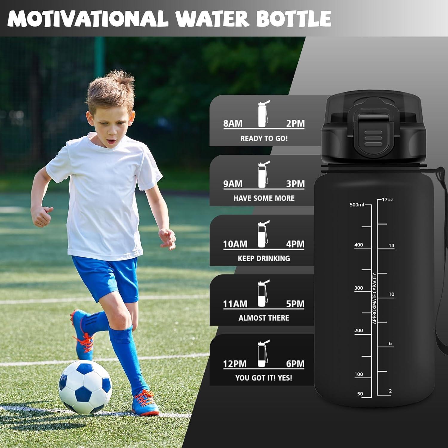 image:imageGourde Paille tanches Bouteille 500ml Portable Bouteille deau Sans BPA chelle de Temps Gourde Gradue pour 1 Journee pour Gym Ecole Cyclisme Plein Air SportBlack With Logo 500ml