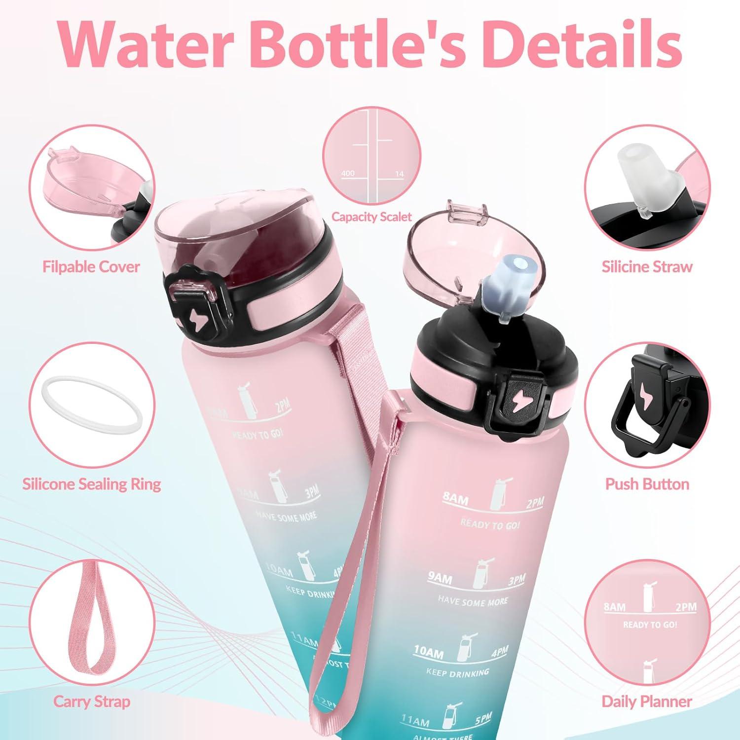image:imageGourde Paille tanches Bouteille 500ml Portable Bouteille deau Sans BPA chelle de Temps Gourde Gradue pour 1 Journee pour Gym Ecole Cyclisme Plein Air SportRose Cyan 1000ml