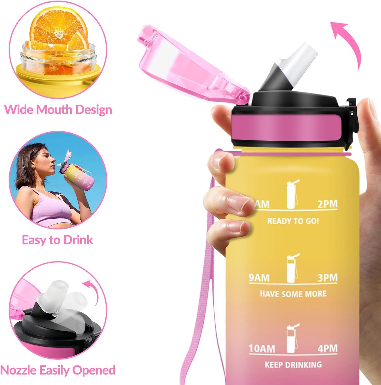 image:imageGourde Paille tanches Bouteille 500ml Portable Bouteille deau Sans BPA chelle de Temps Gourde Gradue pour 1 Journee pour Gym Ecole Cyclisme Plein Air SportJaune Rose 500ml