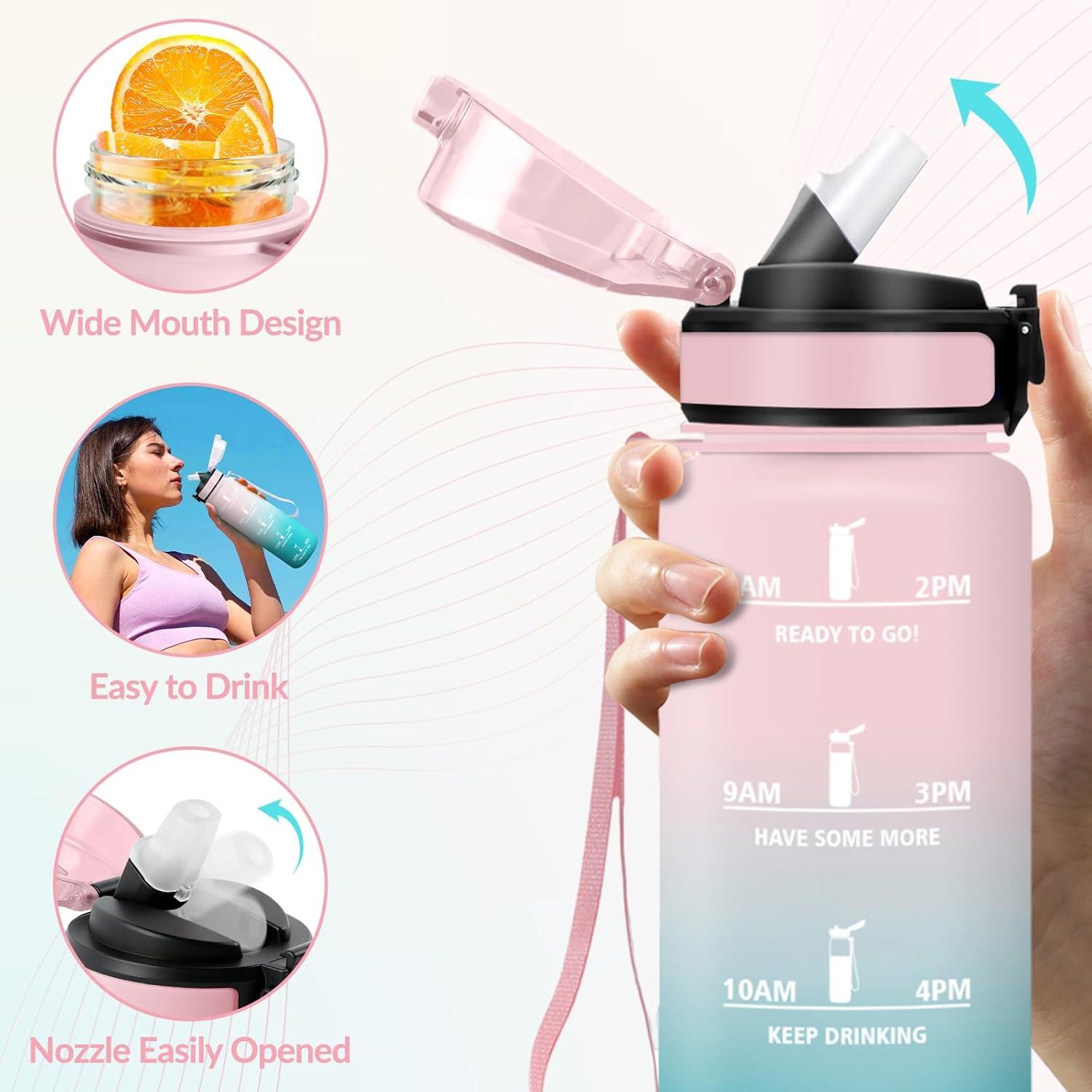 image:imageGourde Paille tanches Bouteille 500ml Portable Bouteille deau Sans BPA chelle de Temps Gourde Gradue pour 1 Journee pour Gym Ecole Cyclisme Plein Air SportRose Cyan 1000ml