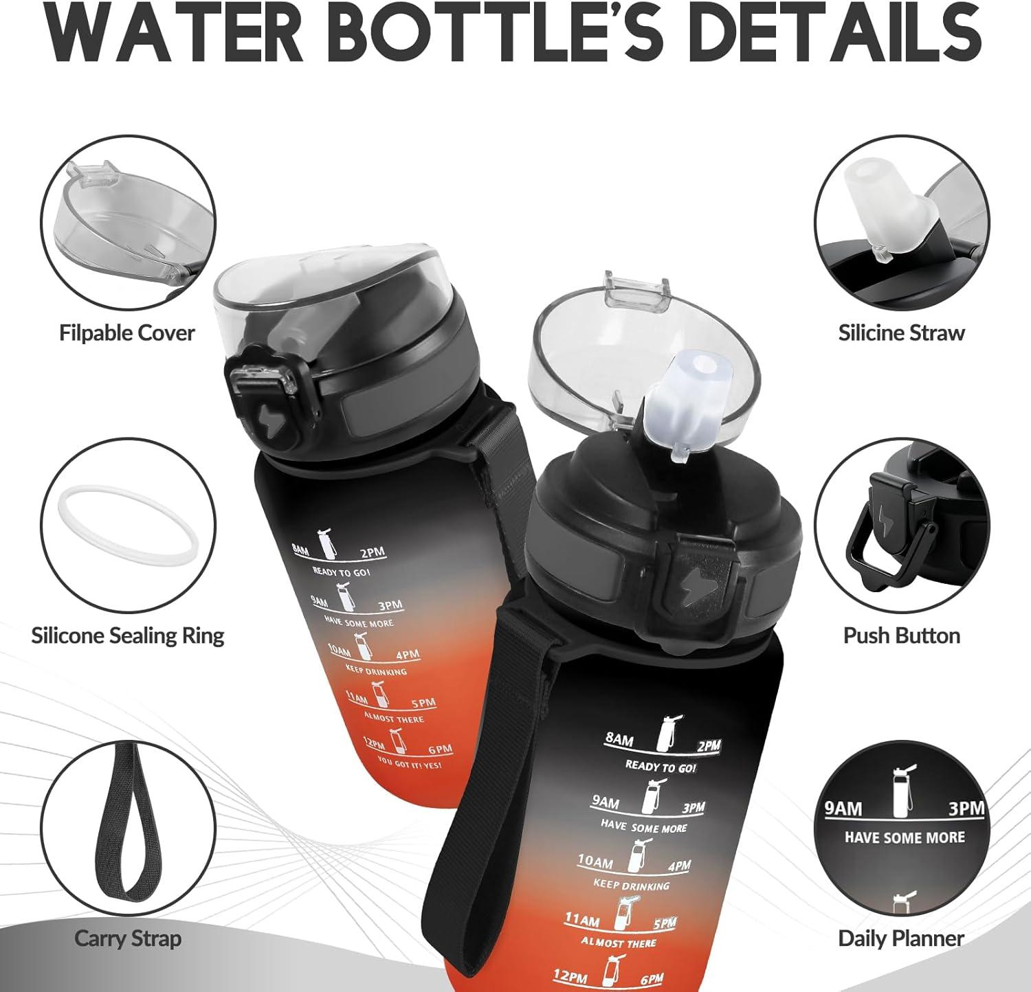 image:imageGourde Paille tanches Bouteille 500ml Portable Bouteille deau Sans BPA chelle de Temps Gourde Gradue pour 1 Journee pour Gym Ecole Cyclisme Plein Air SportNoir Rouge 500ml