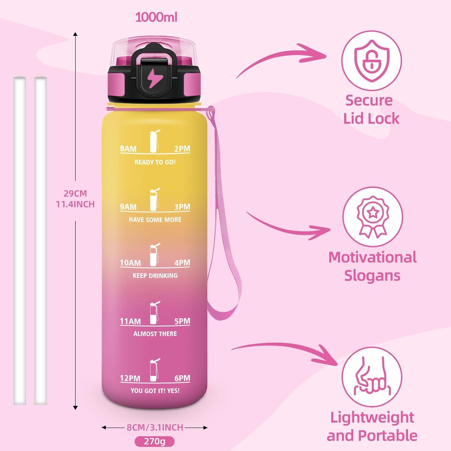 image:imageGourde Paille tanches Bouteille 500ml Portable Bouteille deau Sans BPA chelle de Temps Gourde Gradue pour 1 Journee pour Gym Ecole Cyclisme Plein Air SportJaune Rose 1000ml