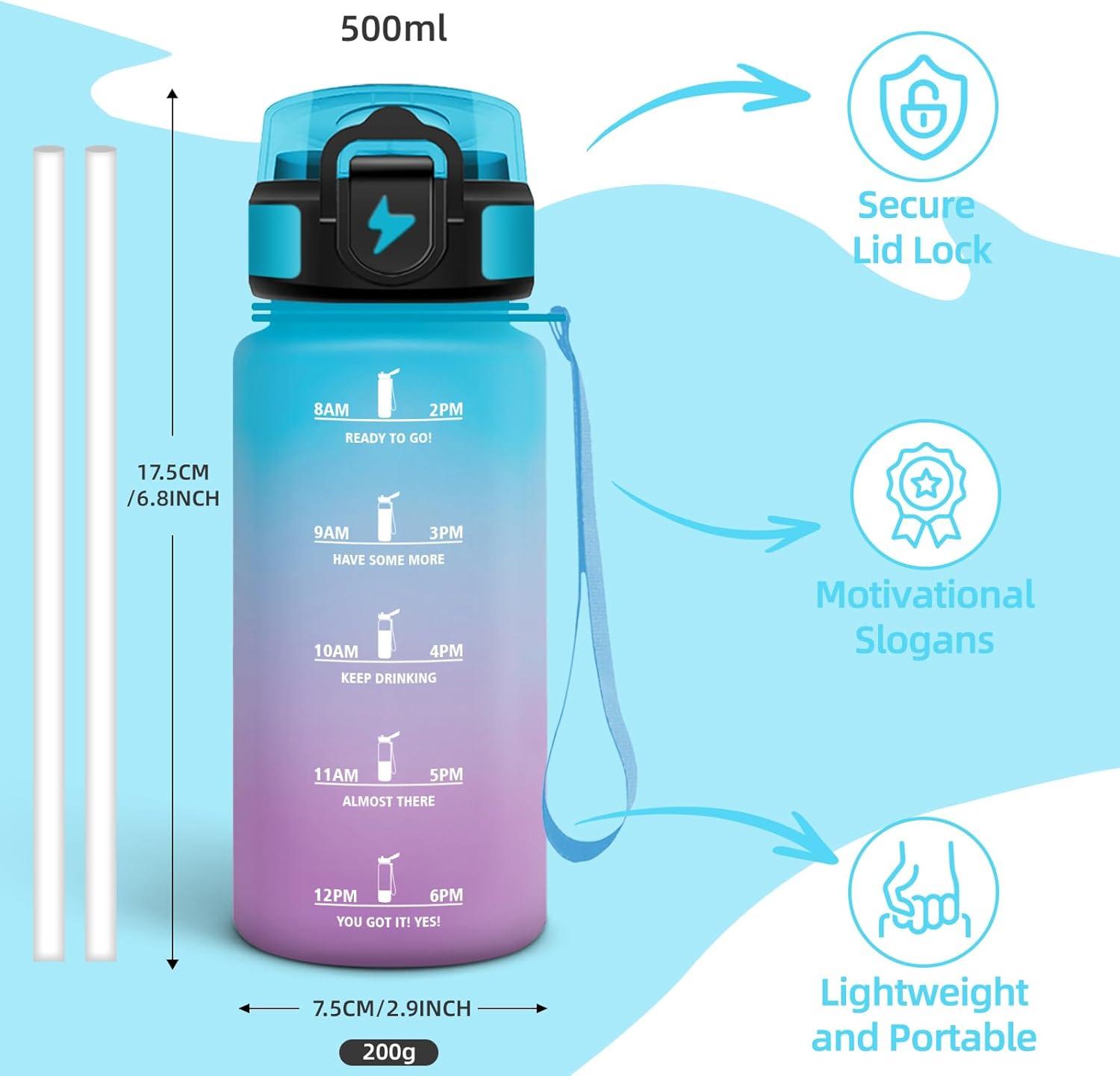 image:imageGourde Paille tanches Bouteille 500ml Portable Bouteille deau Sans BPA chelle de Temps Gourde Gradue pour 1 Journee pour Gym Ecole Cyclisme Plein Air SportBleu Violet 500ml