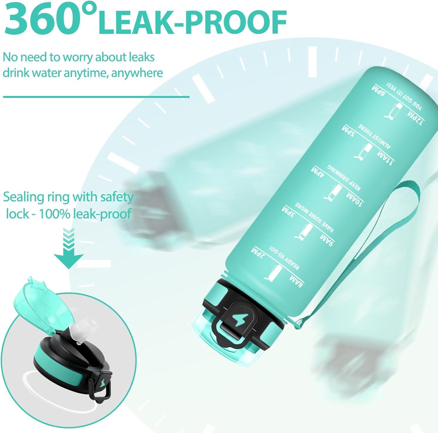 image:imageGourde Paille tanches Bouteille 500ml Portable Bouteille deau Sans BPA chelle de Temps Gourde Gradue pour 1 Journee pour Gym Ecole Cyclisme Plein Air SportBleu Vert 1000ml