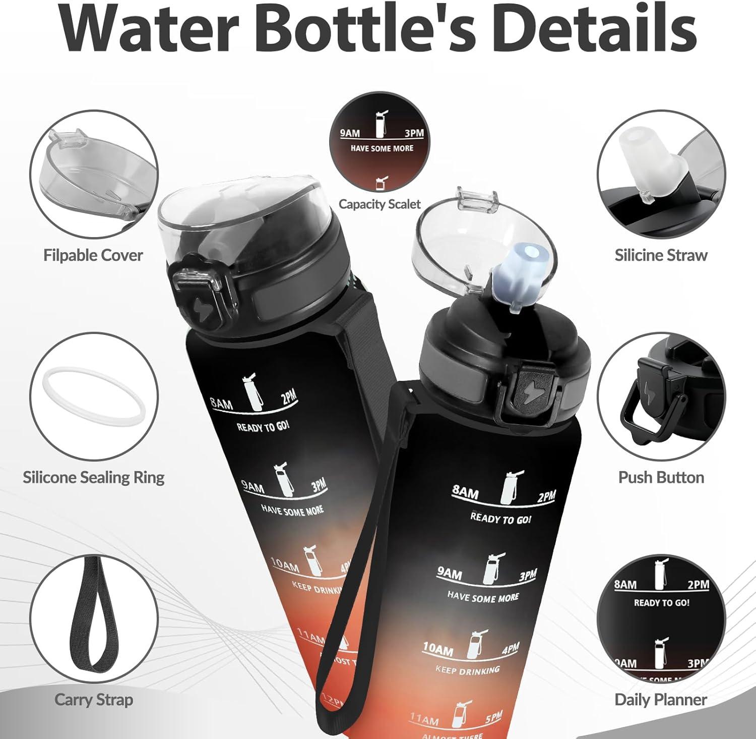 image:imageGourde Paille tanches Bouteille 500ml Portable Bouteille deau Sans BPA chelle de Temps Gourde Gradue pour 1 Journee pour Gym Ecole Cyclisme Plein Air SportNoir Rouge 1000ml