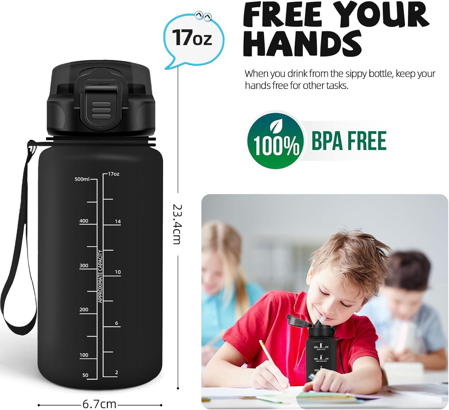 image:imageGourde Paille tanches Bouteille 500ml Portable Bouteille deau Sans BPA chelle de Temps Gourde Gradue pour 1 Journee pour Gym Ecole Cyclisme Plein Air SportBlack With Logo 500ml
