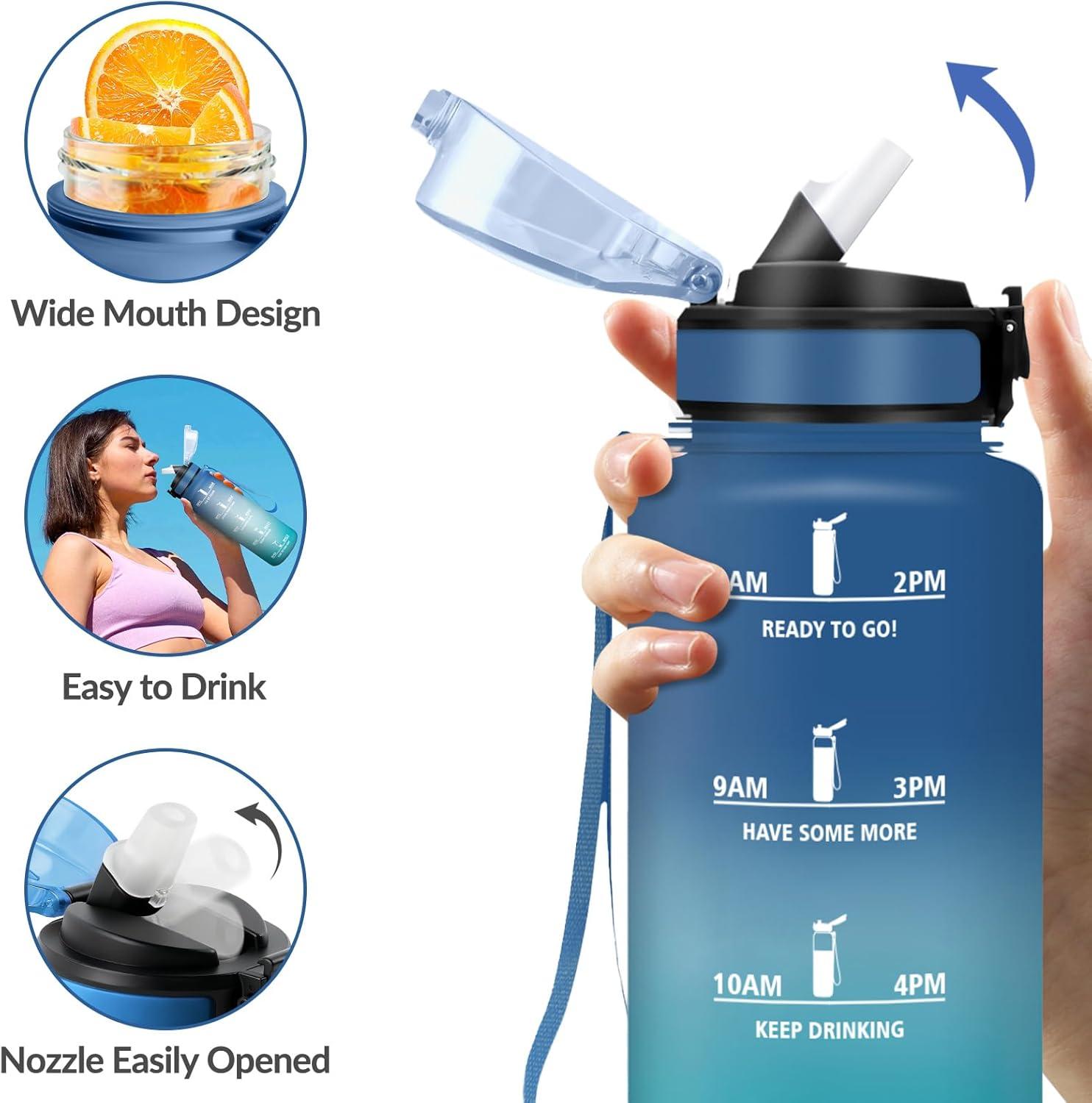 image:imageGourde Paille tanches Bouteille 500ml Portable Bouteille deau Sans BPA chelle de Temps Gourde Gradue pour 1 Journee pour Gym Ecole Cyclisme Plein Air SportBleu Vert 1500ml