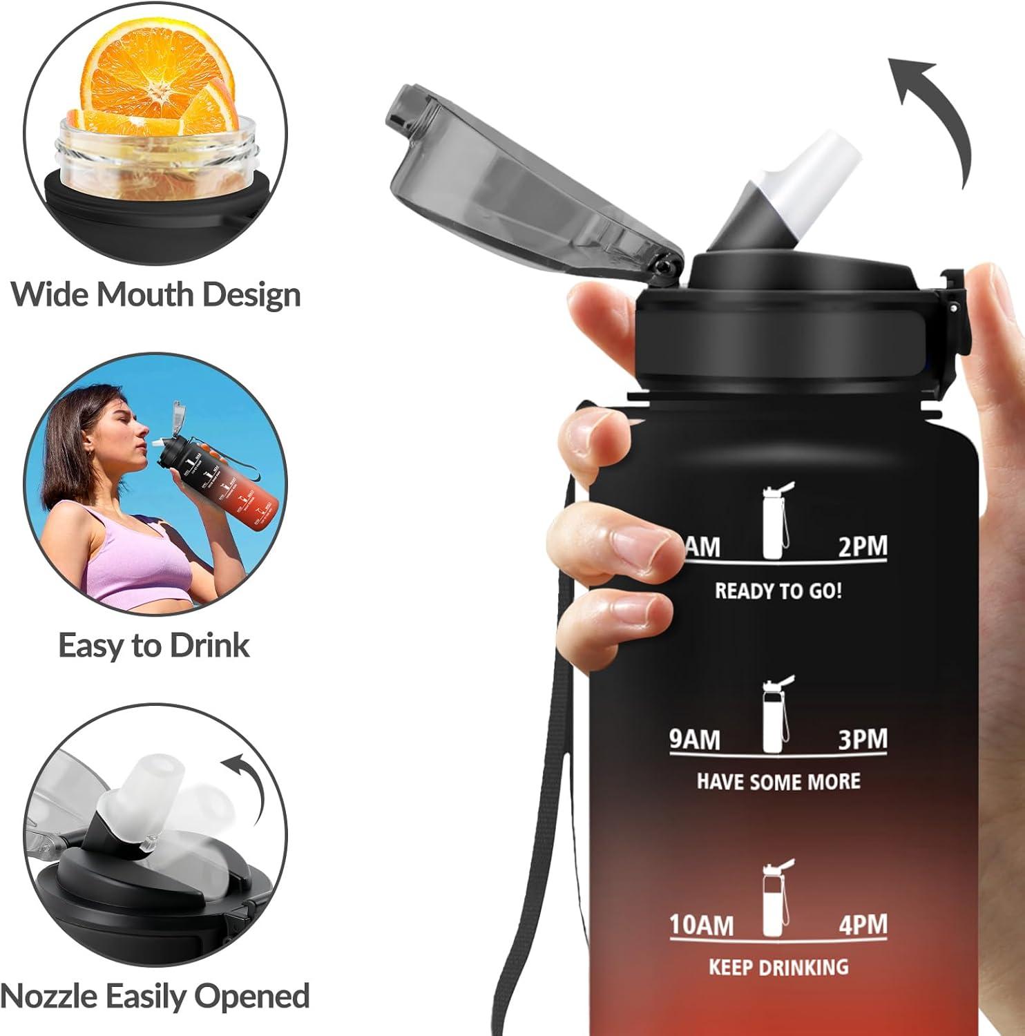 image:imageGourde Paille tanches Bouteille 500ml Portable Bouteille deau Sans BPA chelle de Temps Gourde Gradue pour 1 Journee pour Gym Ecole Cyclisme Plein Air SportNoir Rouge 1500ml