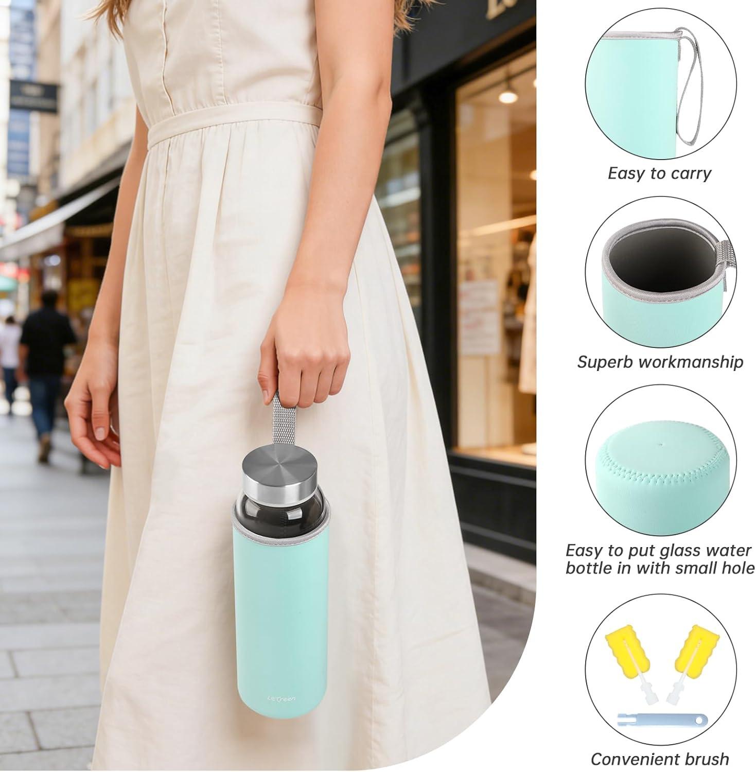 image:imageGourde en Verre 1 Litre 1L avec Housse en Noprne sans BPA tanche et Rutilisable Bouteille en Verre 1 Litre pour Maison Voyages Sport Yoga Gym Boissons Chaudes FroidesVert Pois